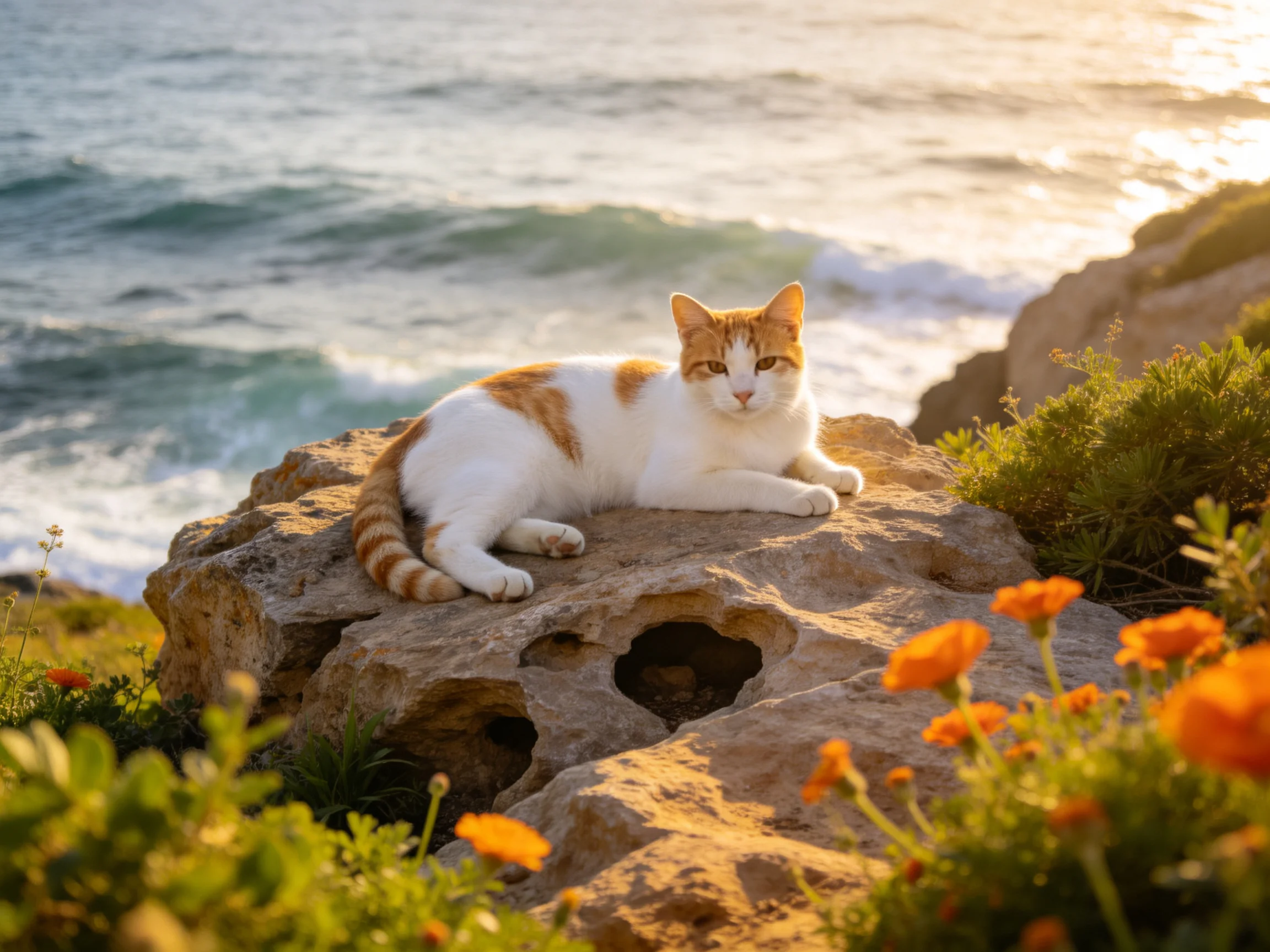 A white and orange cat rests on a rocky cliff by the ocean