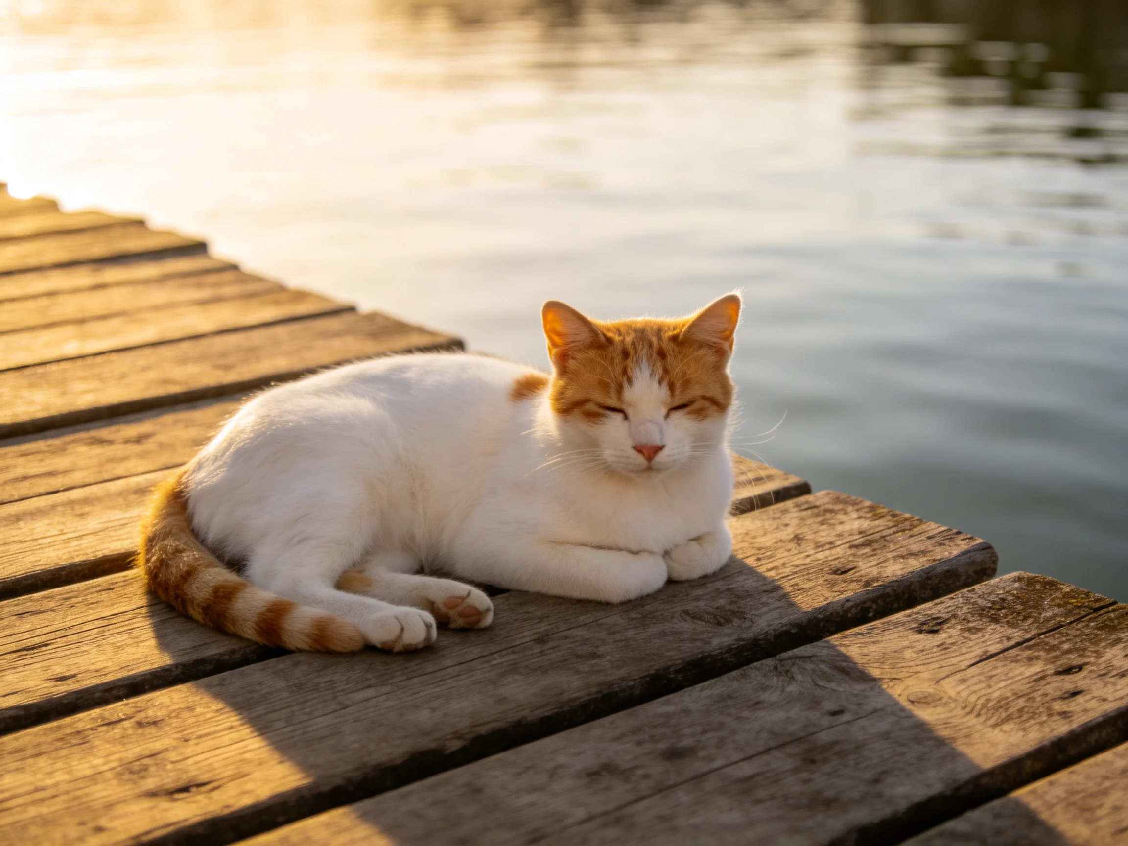 A white and orange cat rests on a weathered wooden dock by calm water