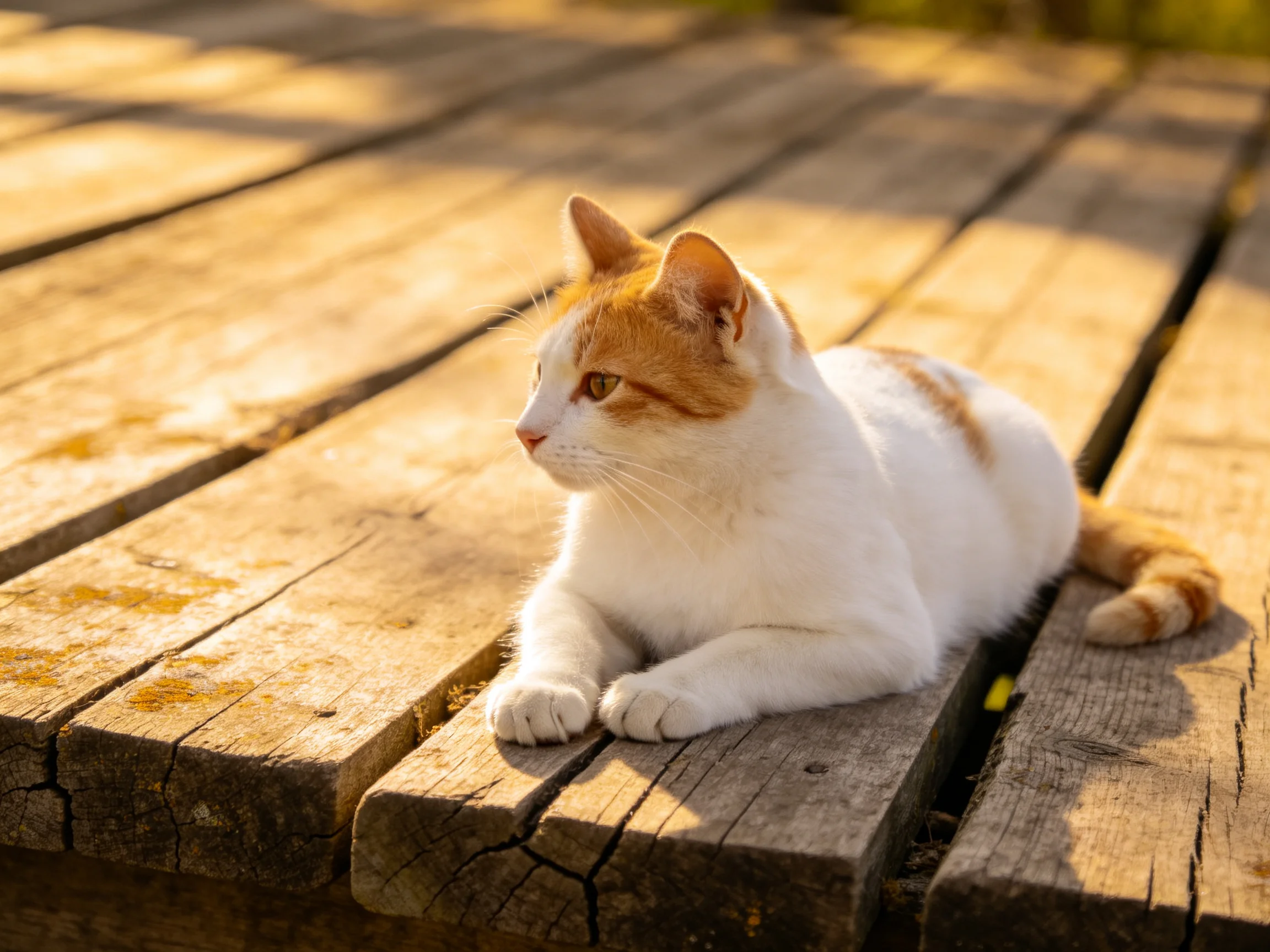 A white and orange cat rests on weathered wooden planks in golden sunlight