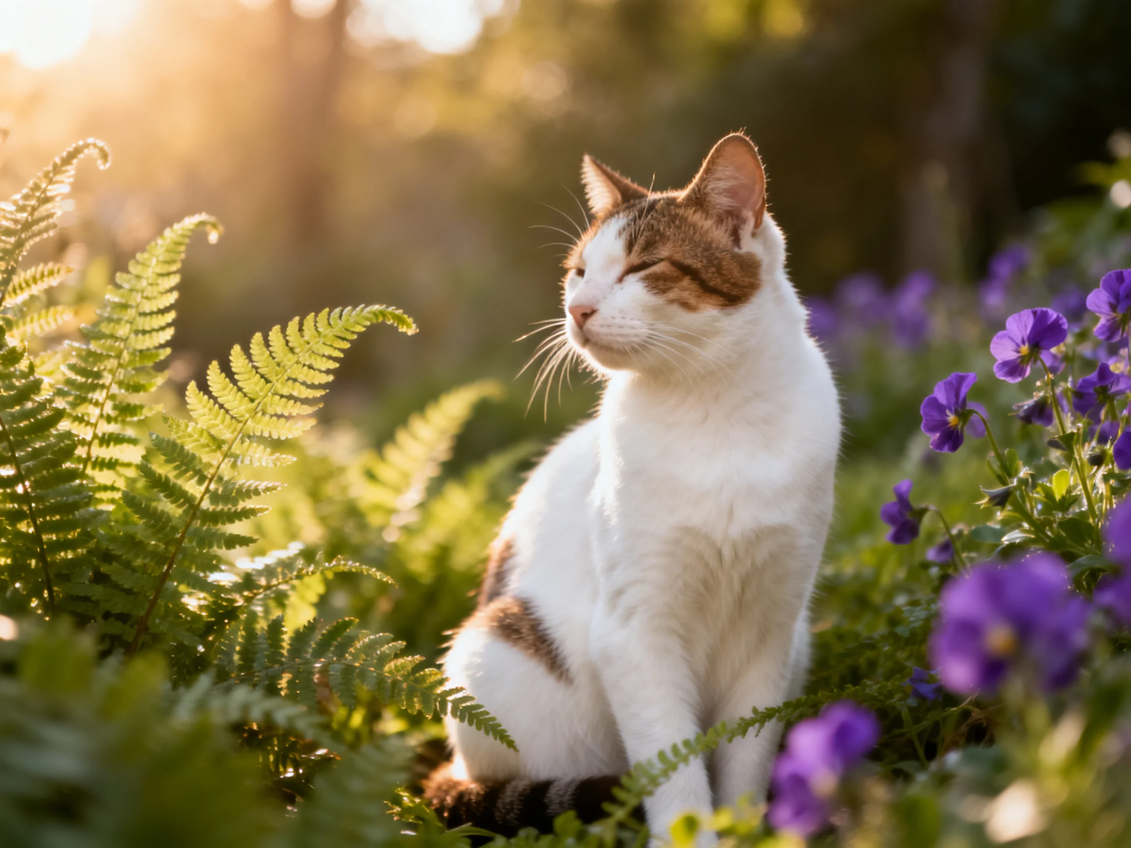 A white and orange cat sits among ferns and purple flowers in a sunlit area.
