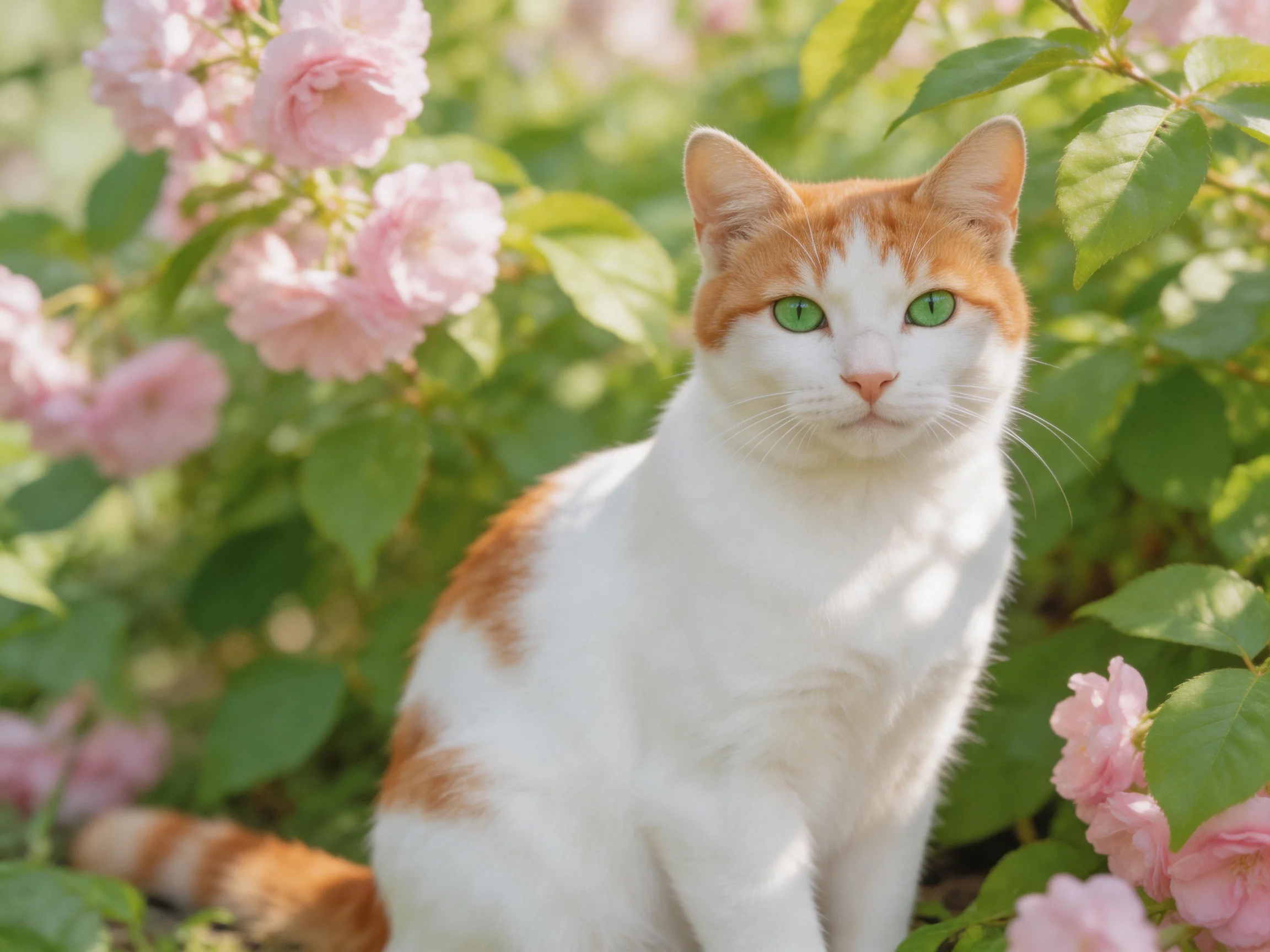 A white and orange cat sits among pink flowers and green foliage