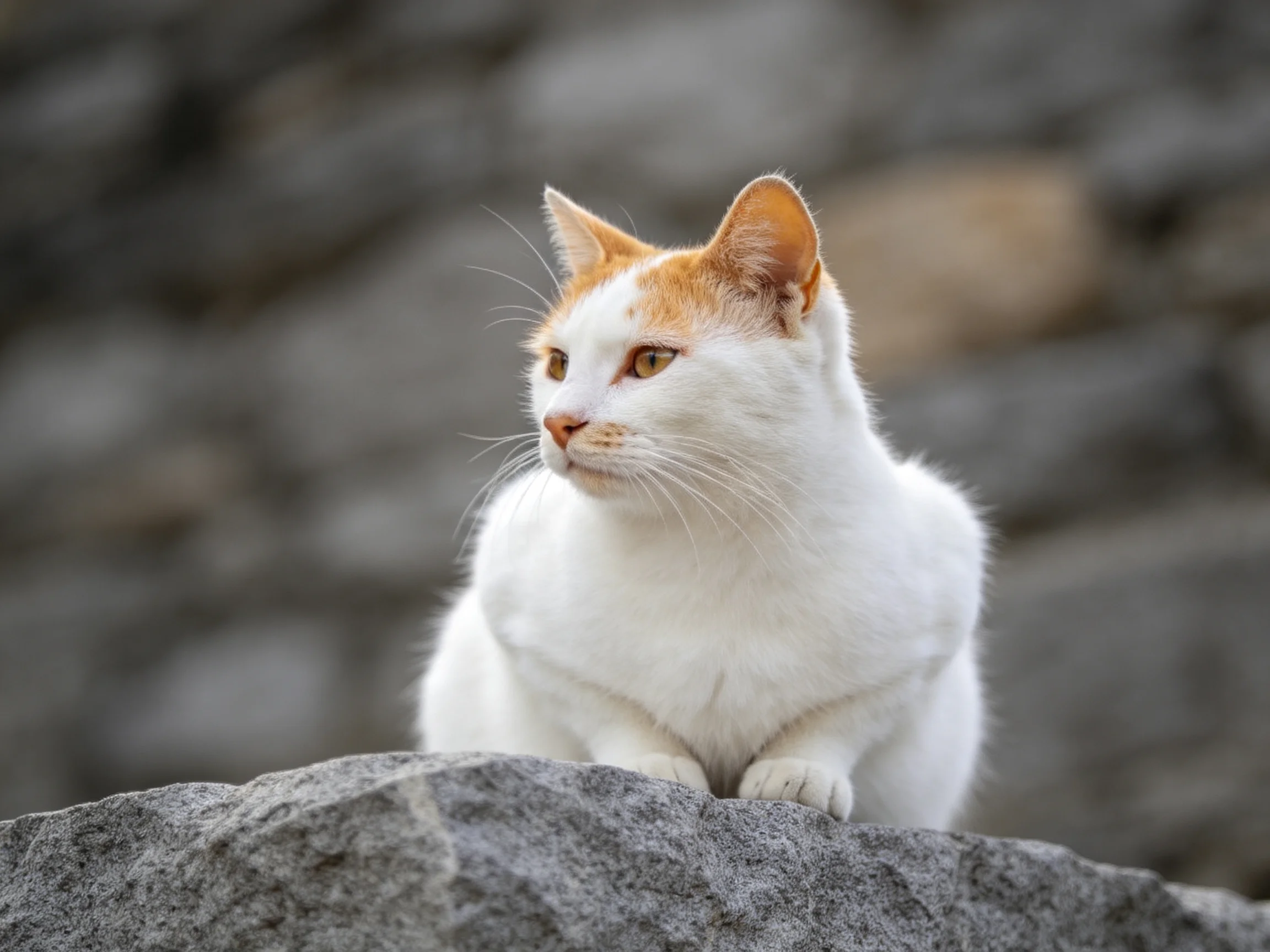 A white and orange cat rests on a gray stone with a blurred stone wall behind it.