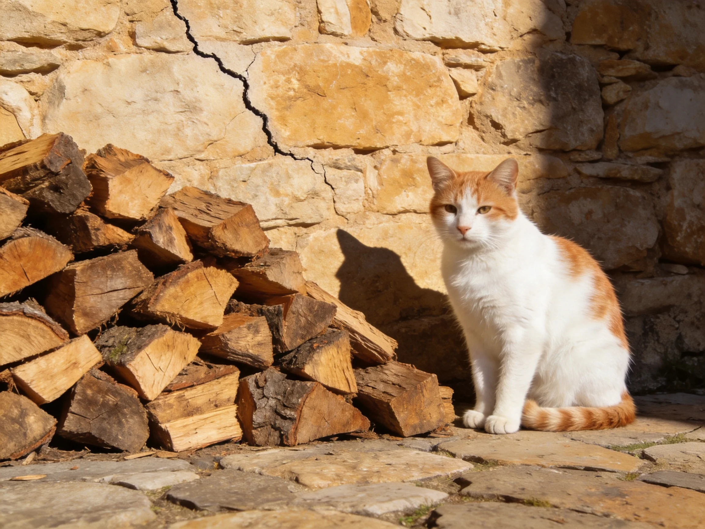 A white and orange cat sits beside a large woodpile near a stone wall