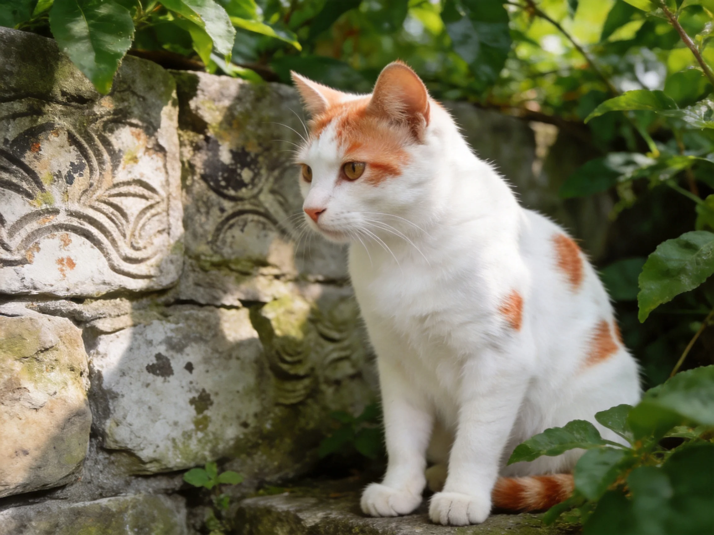 A white and orange cat sits by an ornate stone wall amid lush green foliage