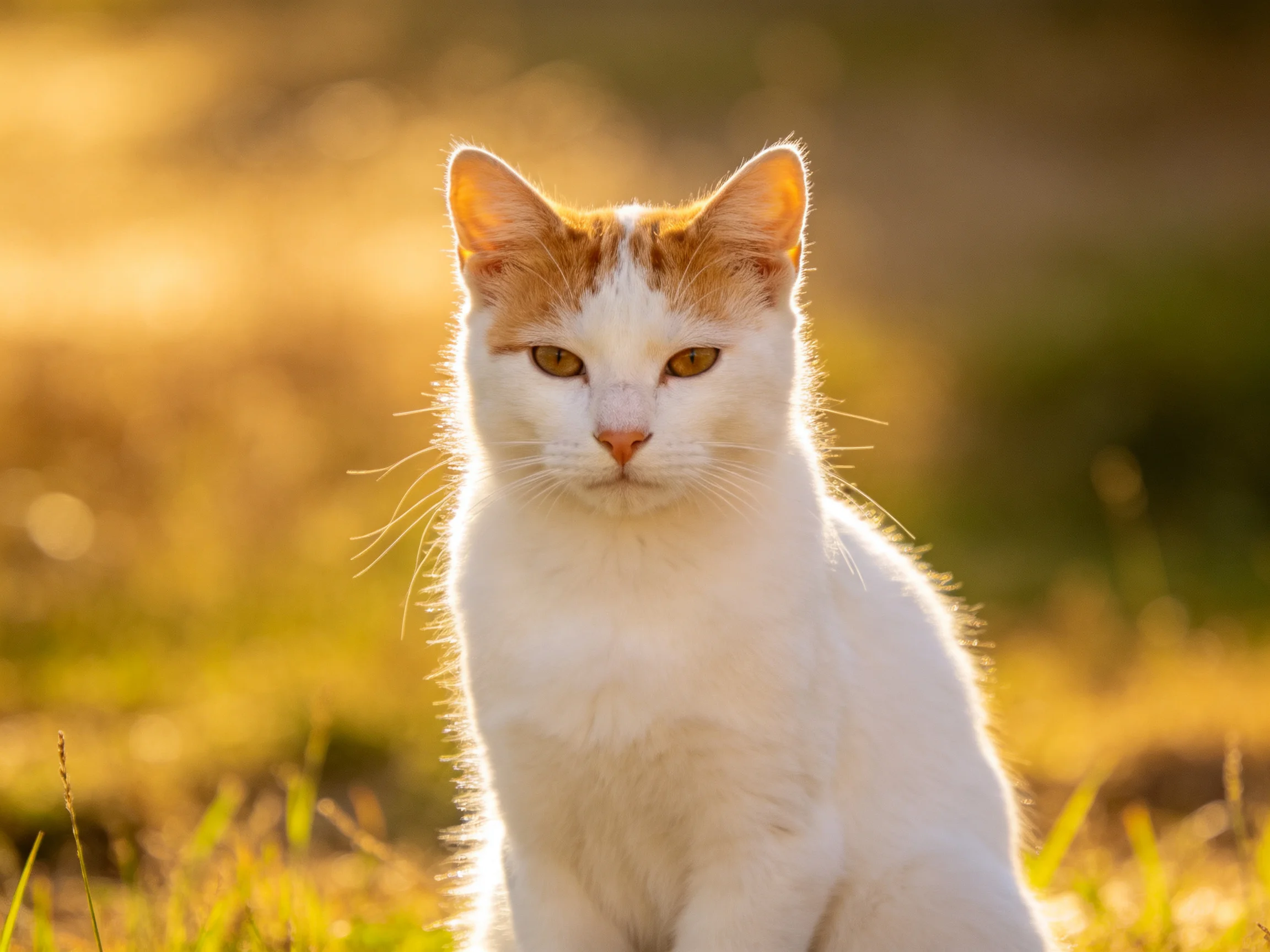 A white and orange cat sits calmly in a sunlit outdoor setting.