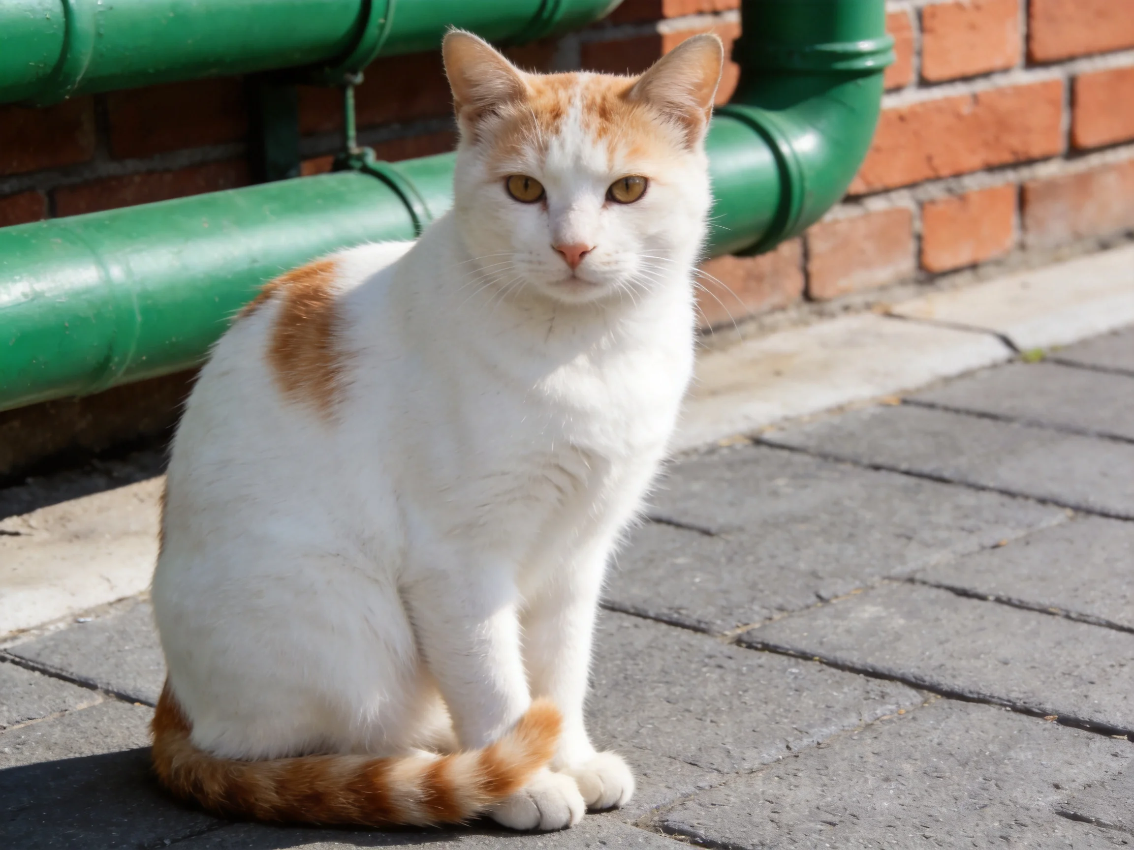 A white and orange cat sits near green pipes by a brick wall