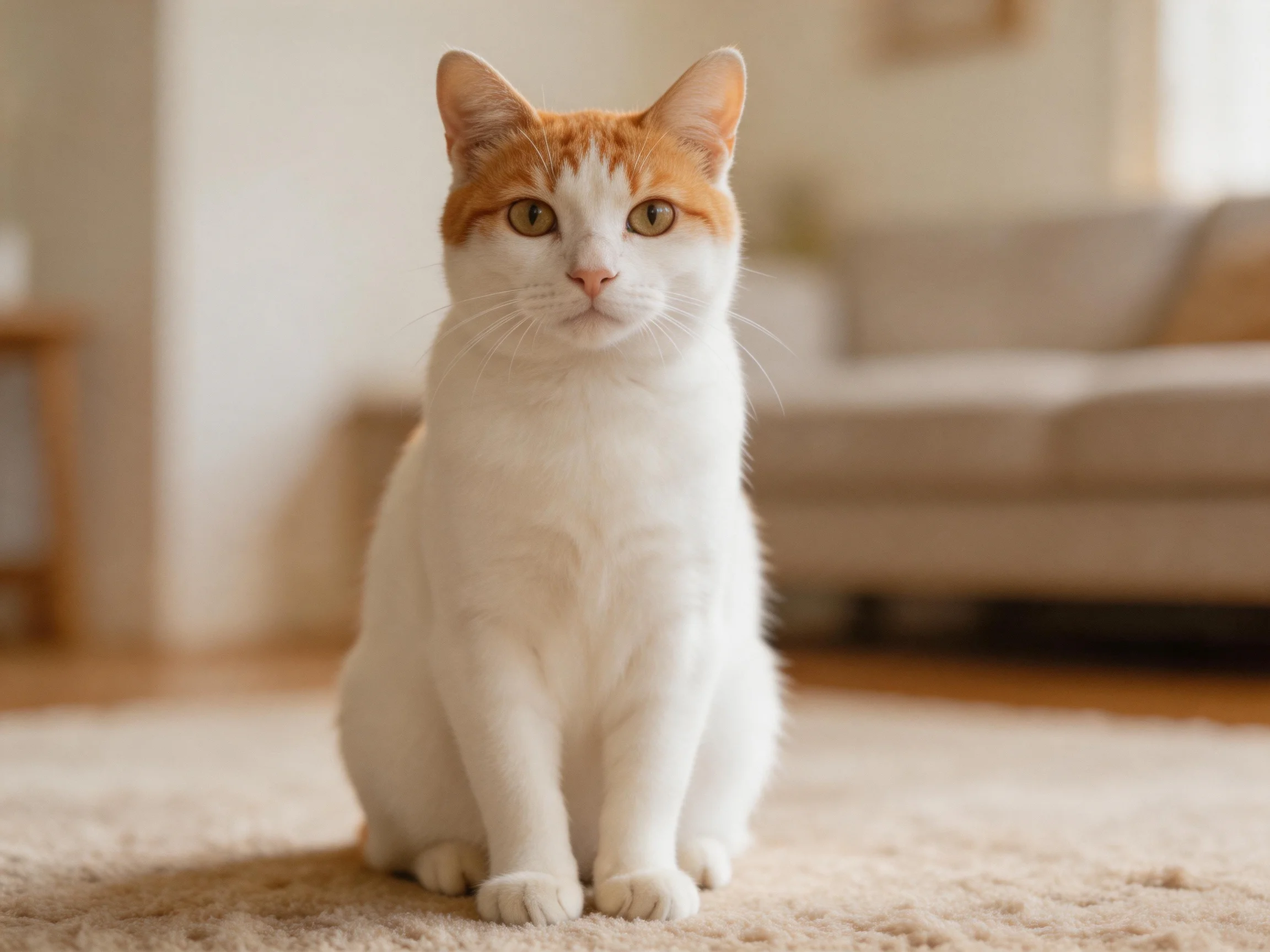 A white and orange cat sits calmly on a beige rug in a softly lit room.