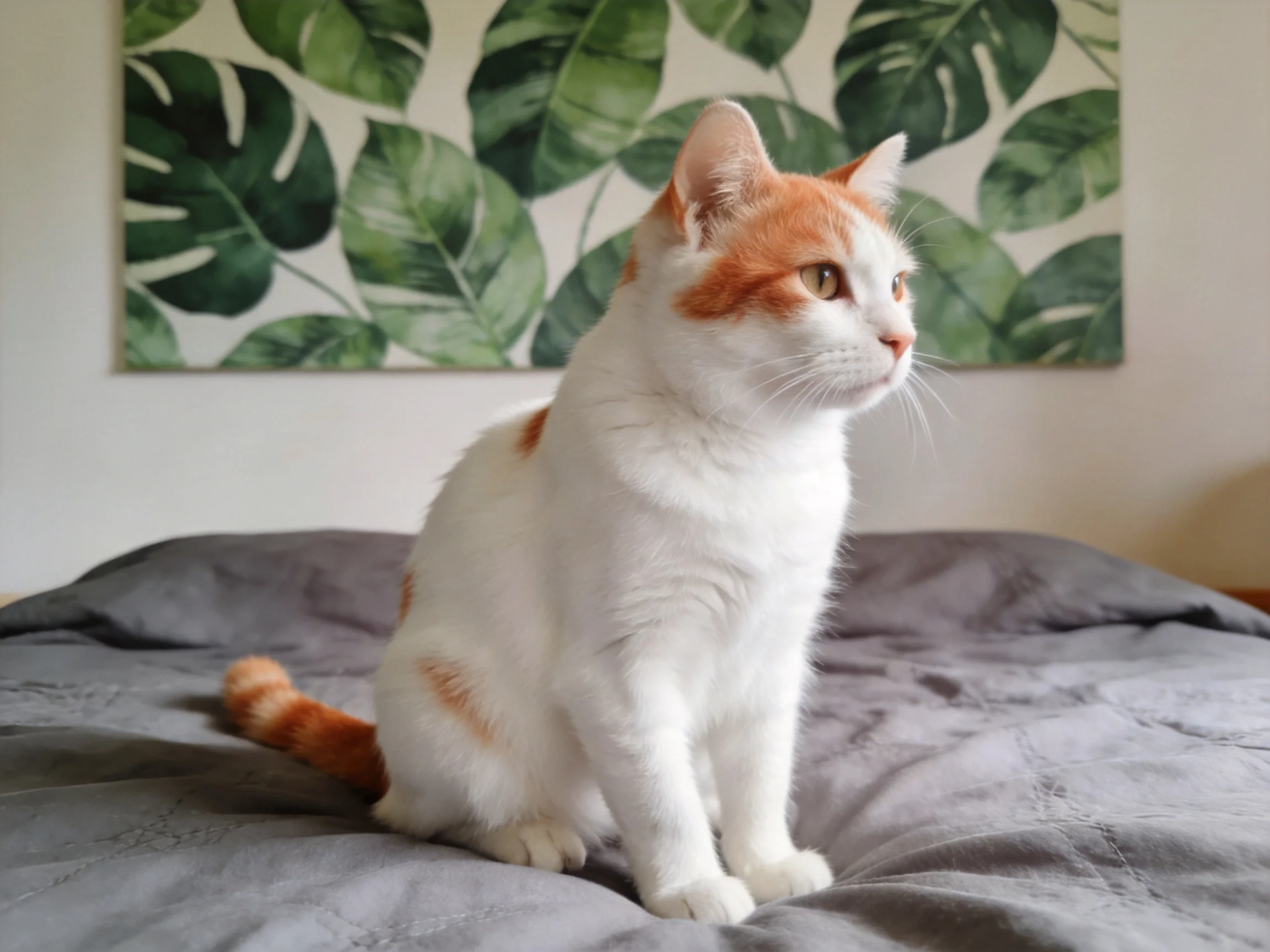A white and orange cat sits on a gray bed with a green leaf print backdrop.