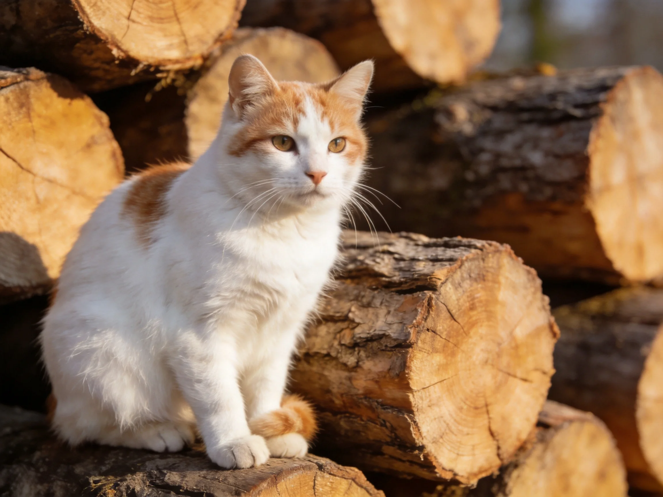 A white and orange cat sits on stacked cut wooden logs