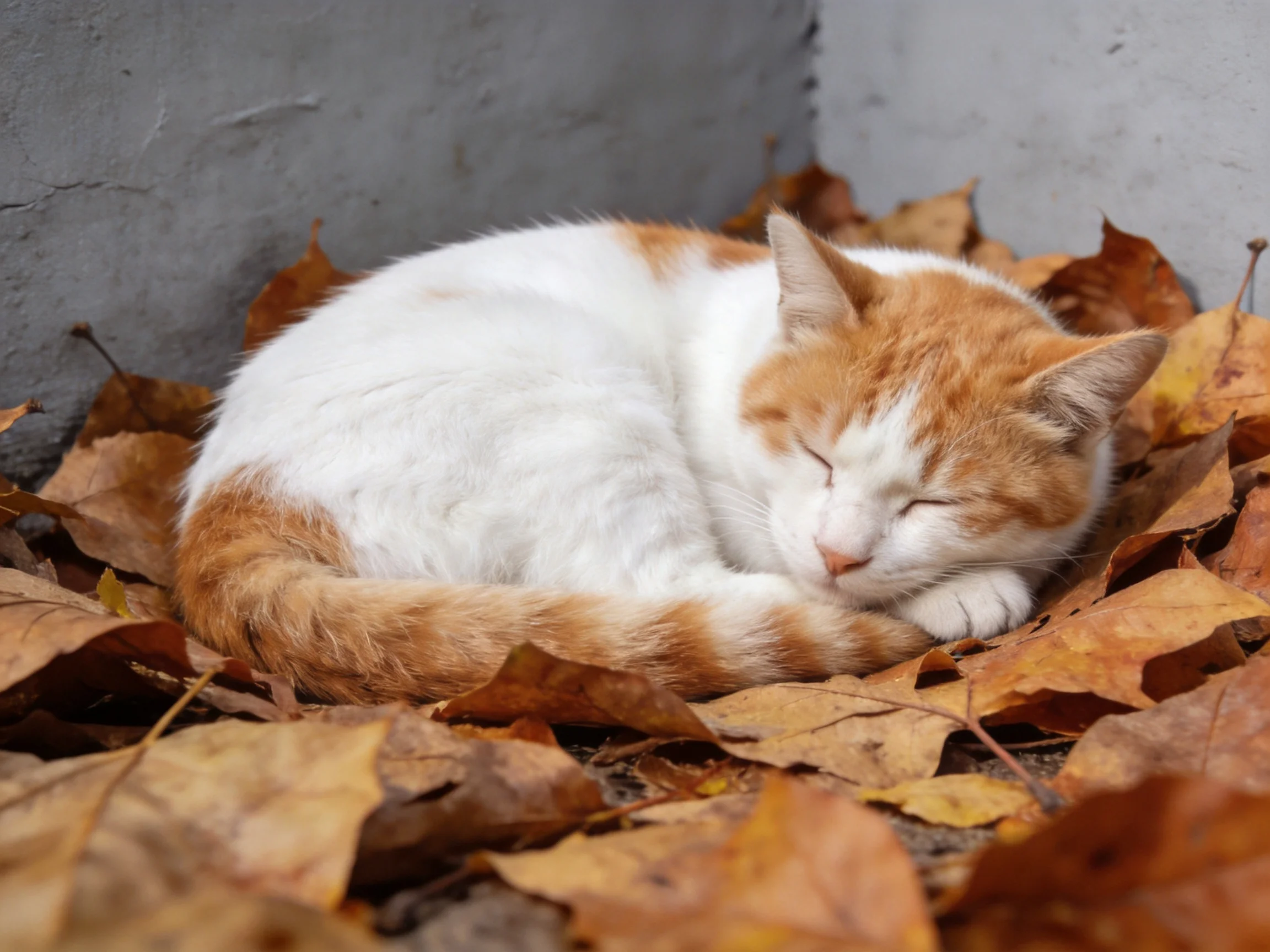 A white and orange cat curls up asleep among fallen autumn leaves next to a gray wall.