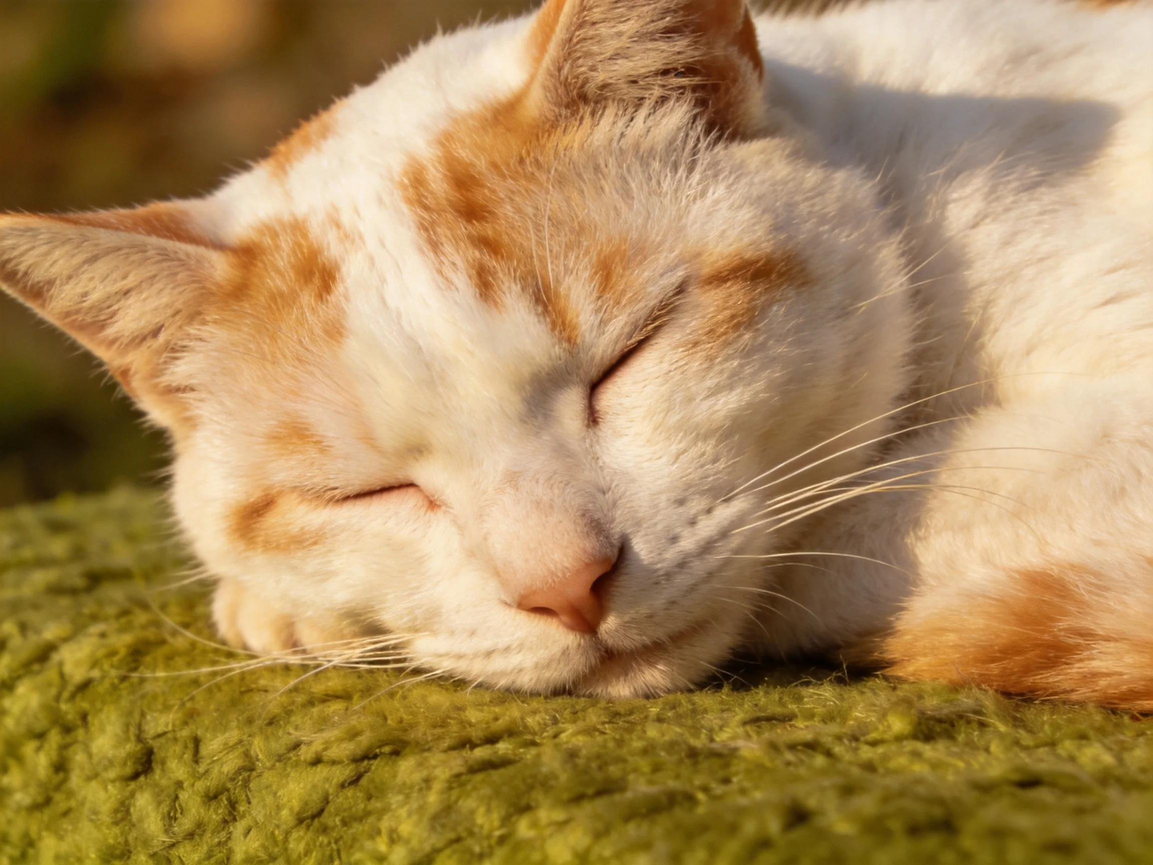 A white and orange cat sleeps on a green cushion in warm light.
