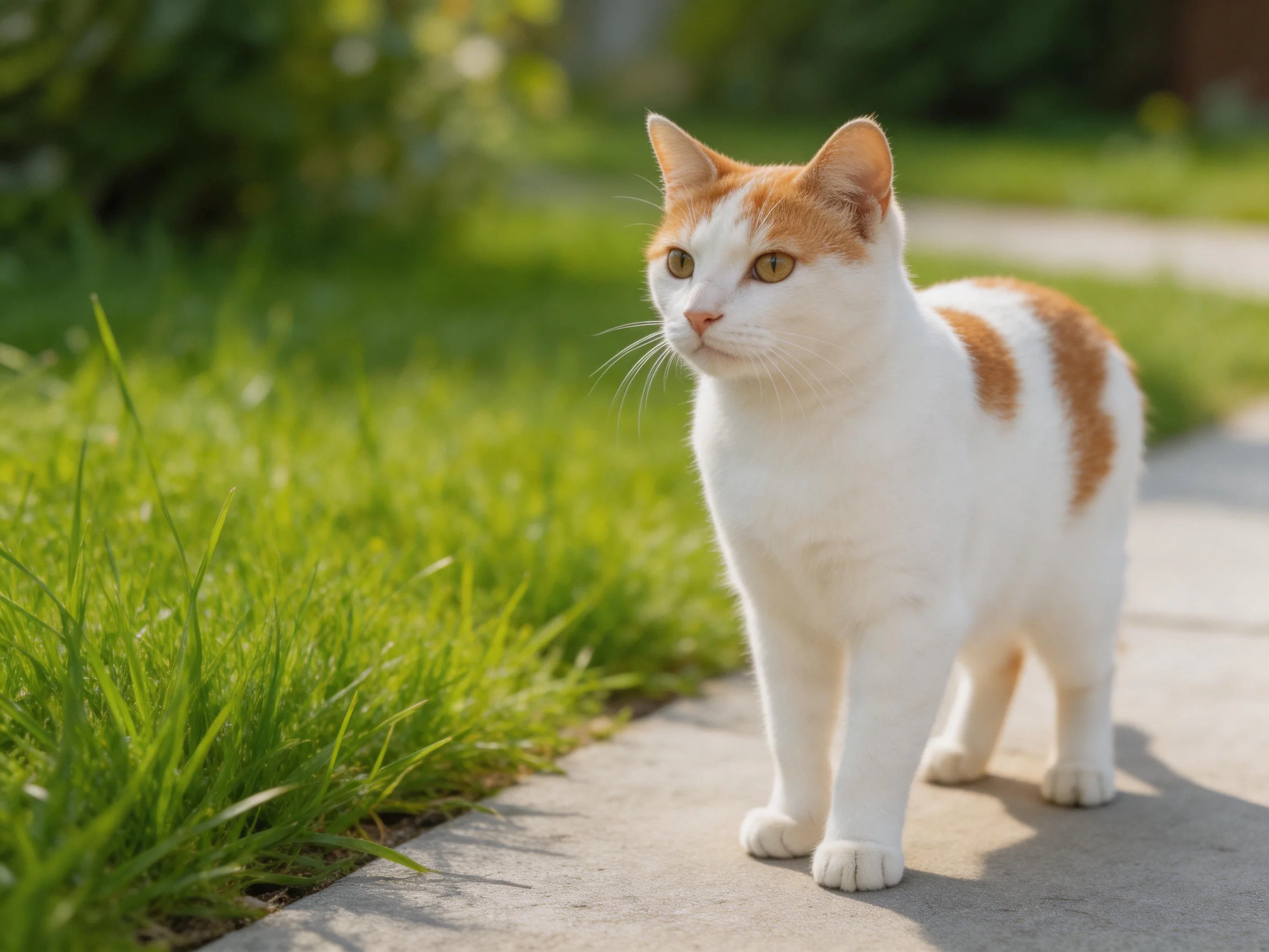 A white and orange cat walks beside lush green grass on a concrete path.