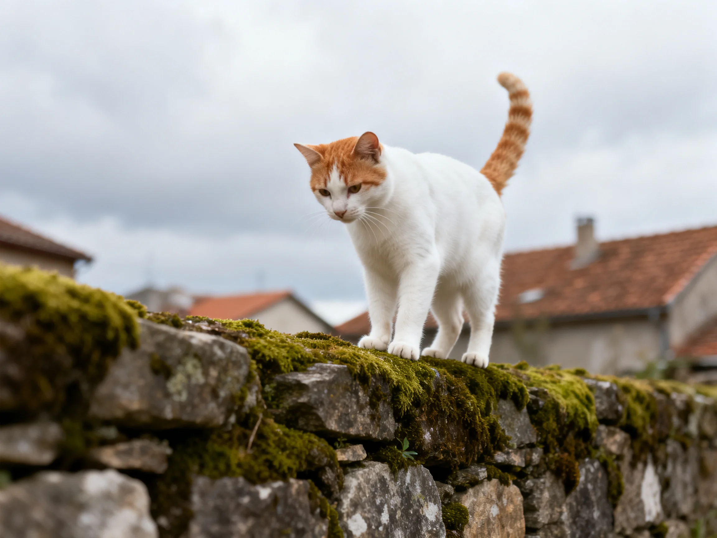 A white and orange cat walks along a mossy stone wall with houses in the background.