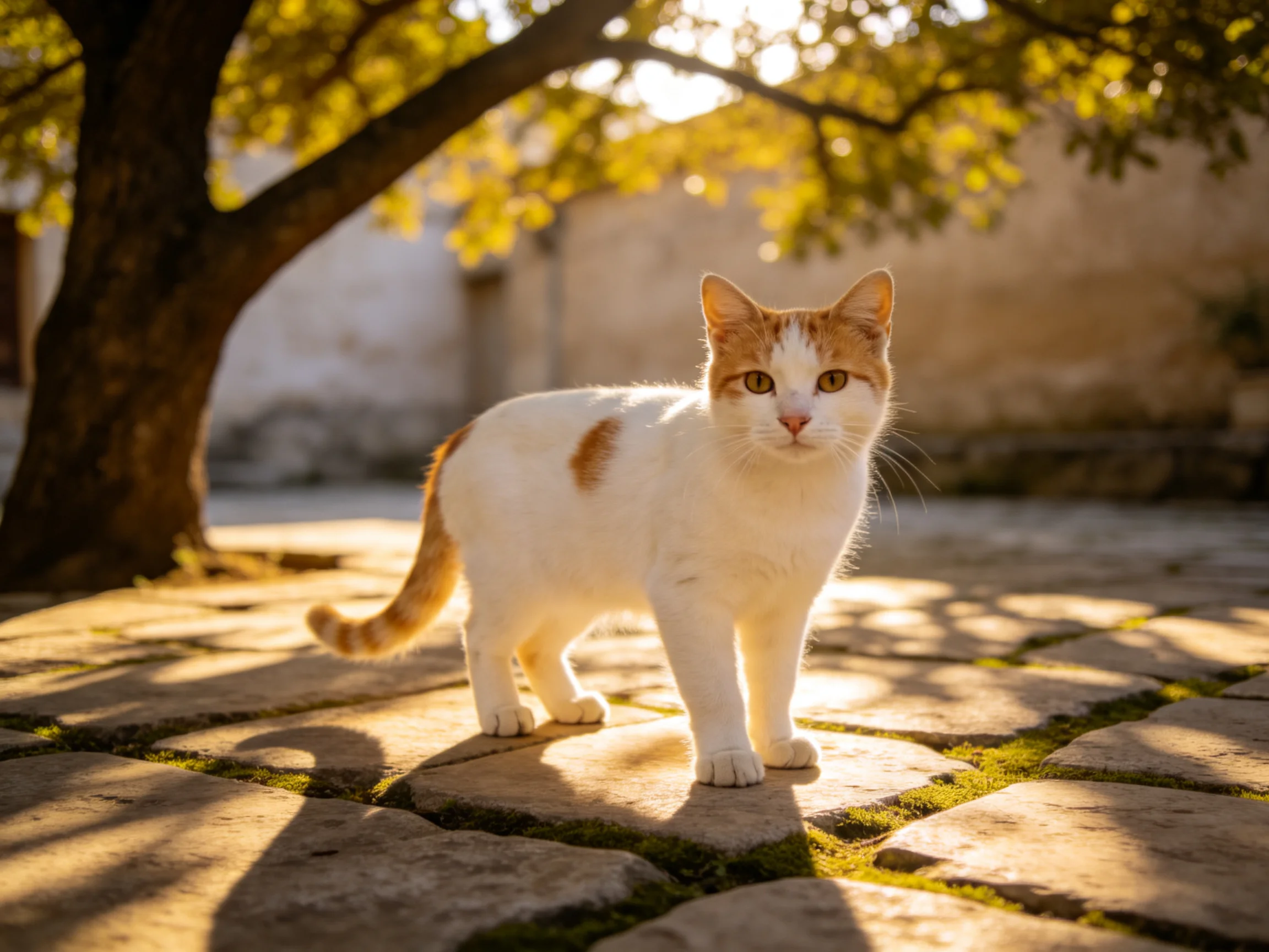 A white and orange cat stands on a sunlit cobblestone path outdoors.