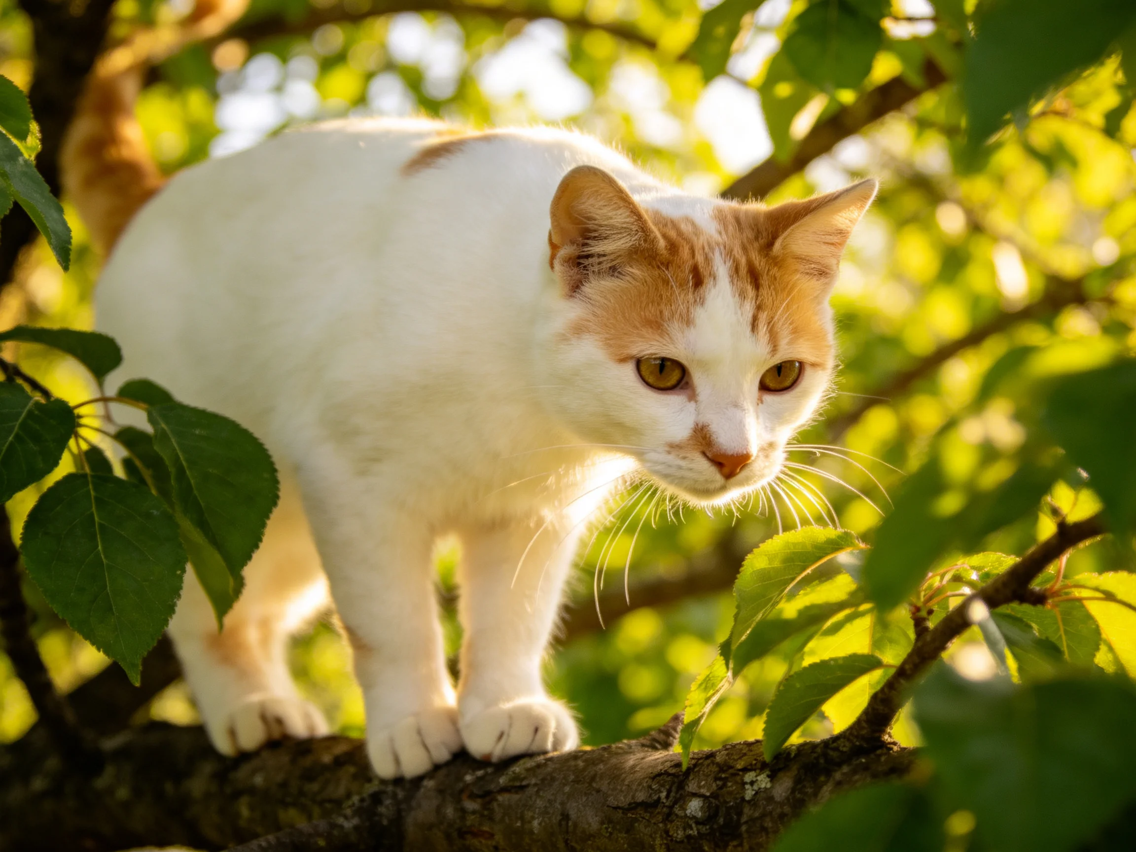 A white and orange cat is on a tree branch surrounded by green leaves