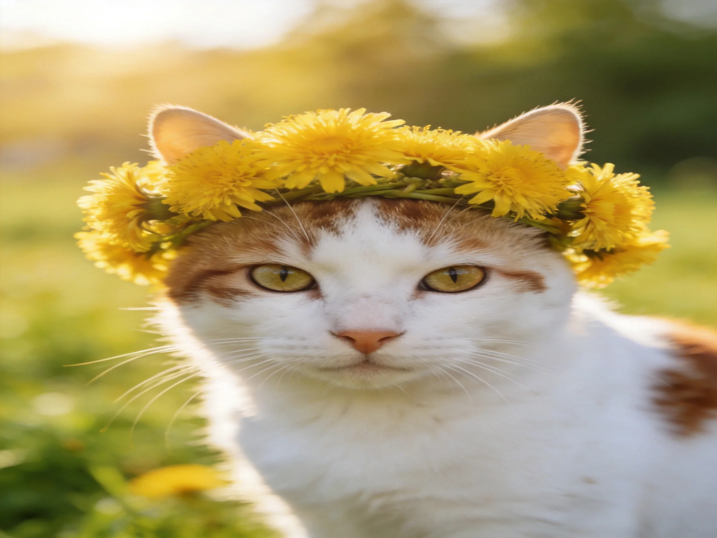 A white and orange cat with a yellow flower crown sits in a sunlit outdoor area.