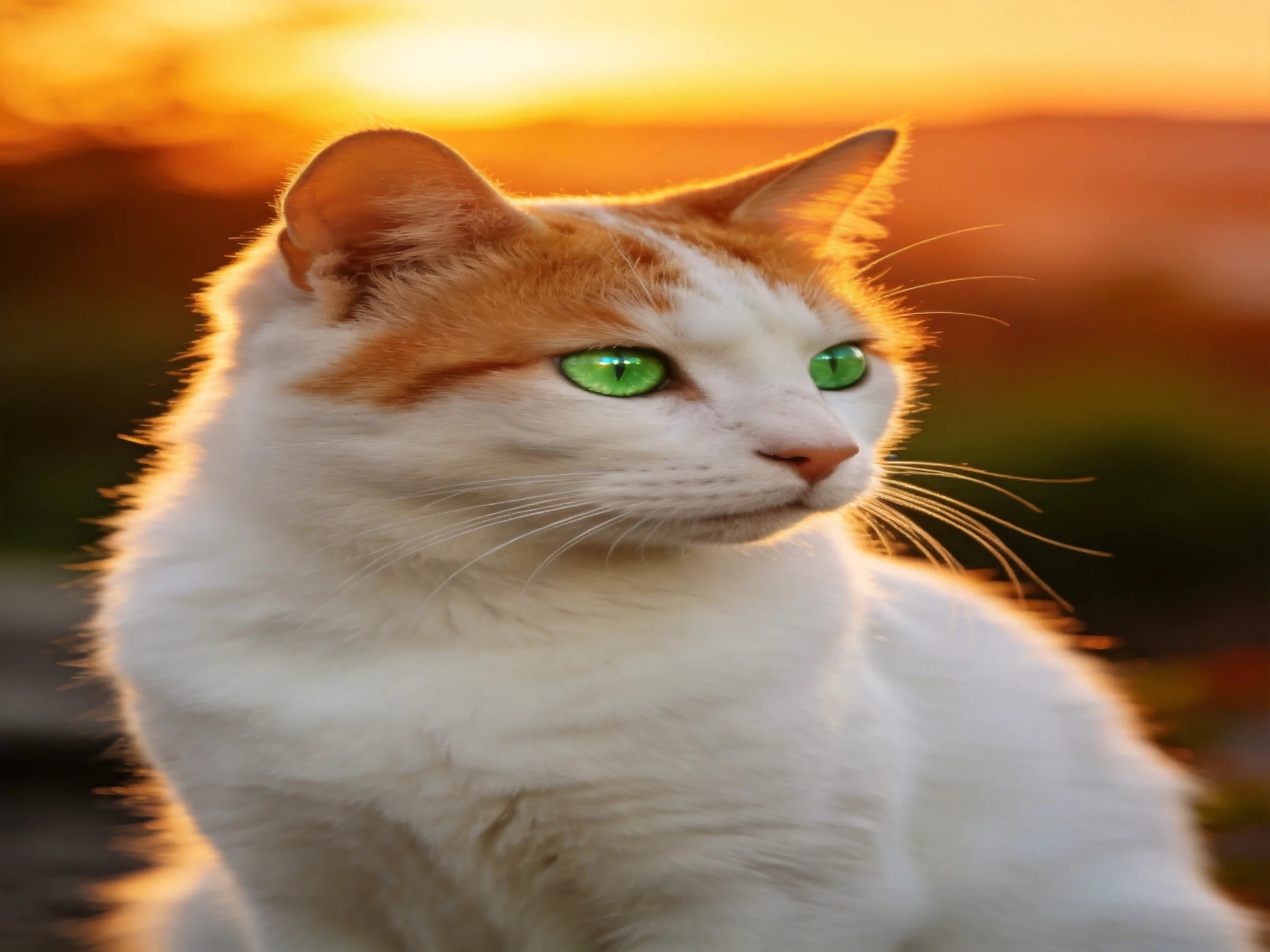 A white and orange cat with green eyes observes its surroundings during a golden sunset.