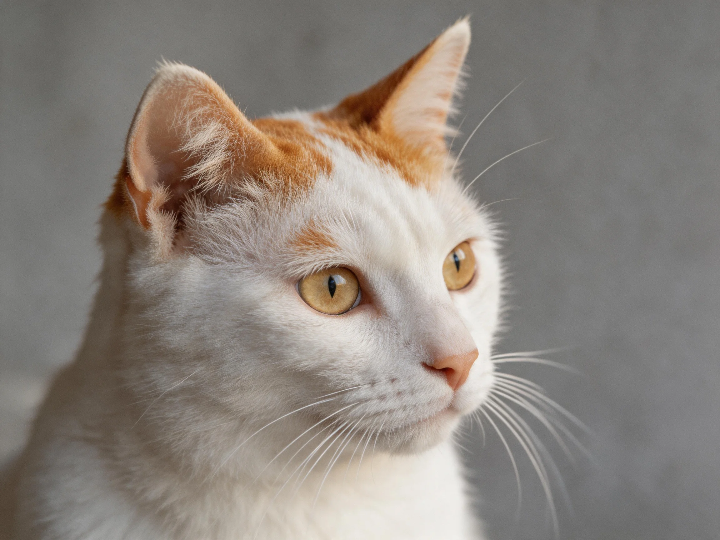 A white and orange cat gazes attentively on a gray backdrop.