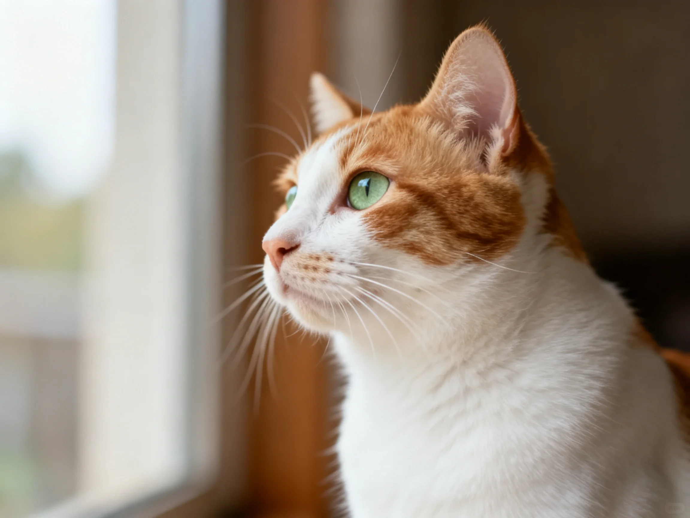 A white and orange cat gazes out of a sunlit window.