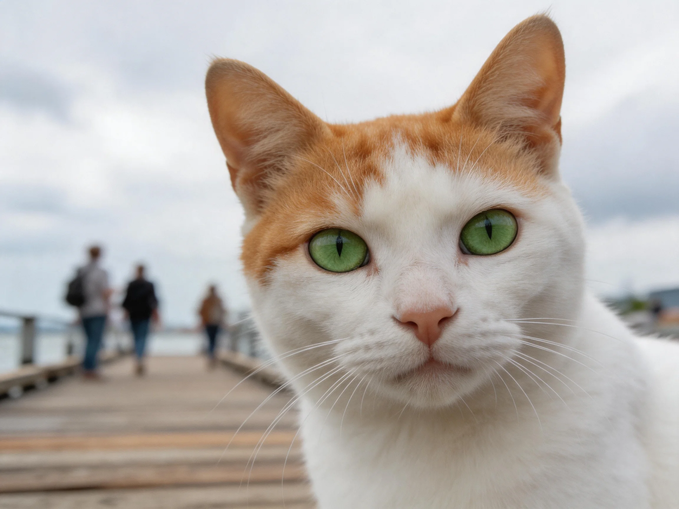 A white and orange cat with green eyes is on a wooden pier near pedestrians.