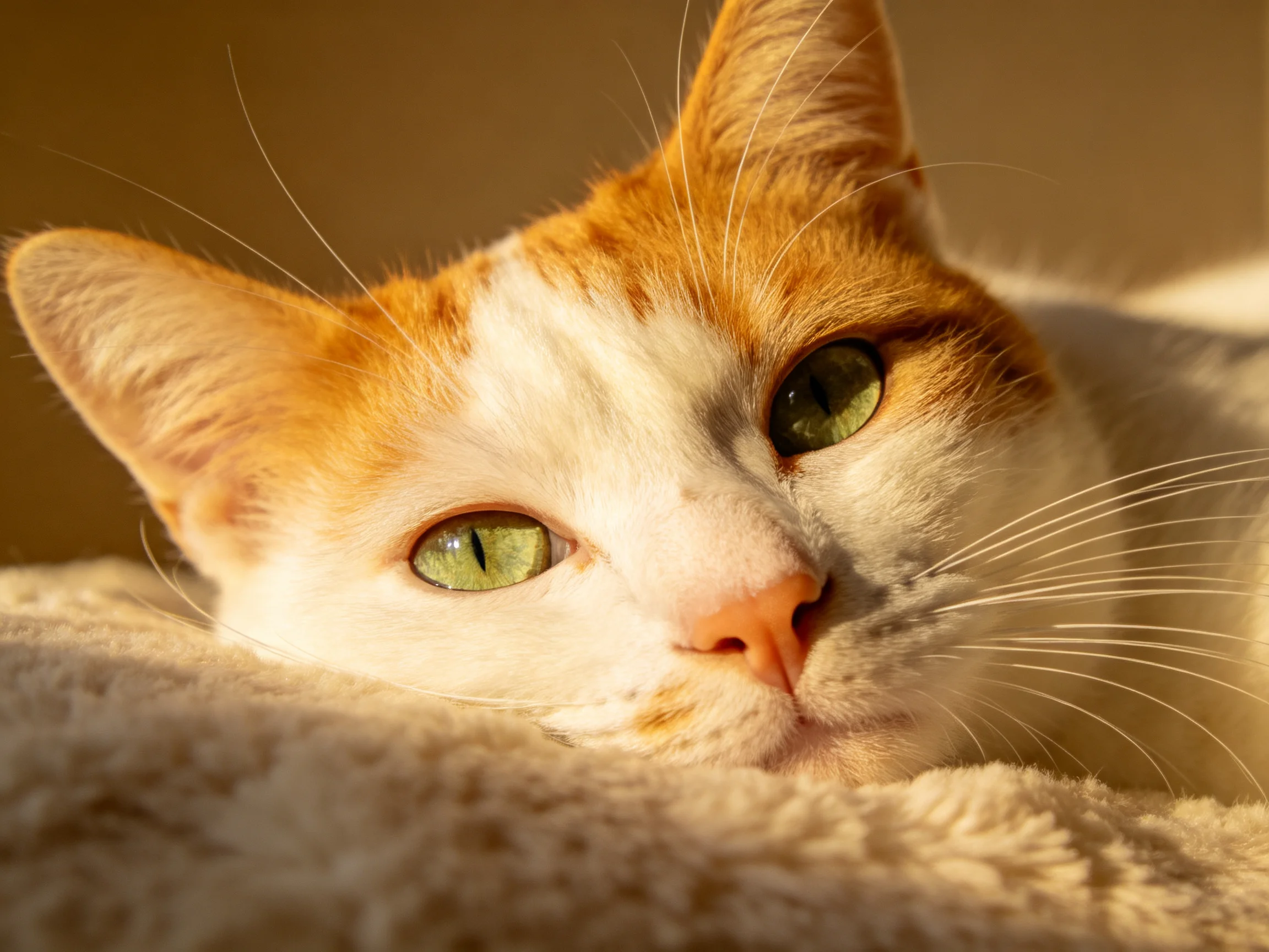 A white and orange cat with green eyes relaxes on a soft blanket in warm lighting.
