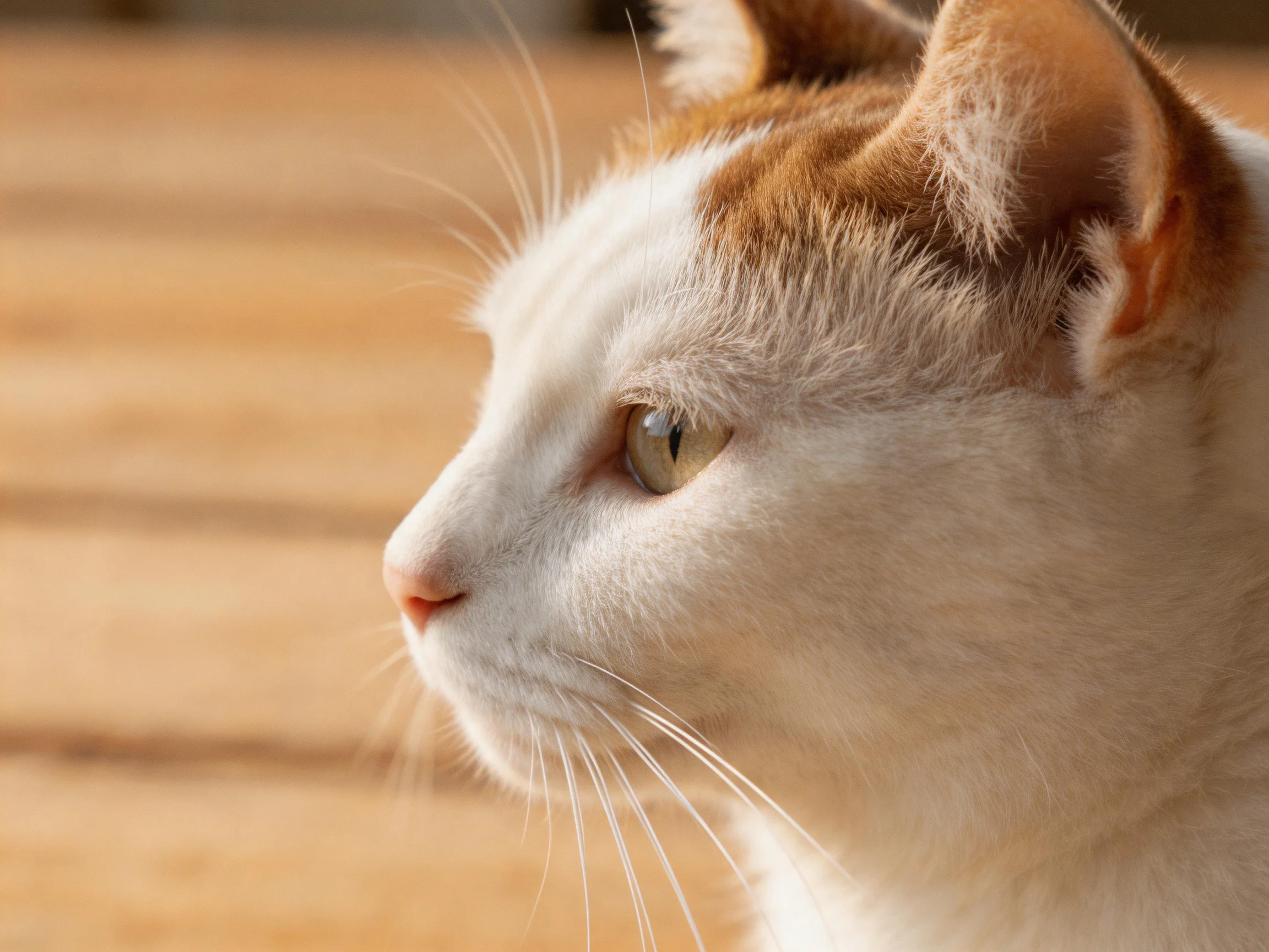 A white and orange cat gazes near wooden planks.