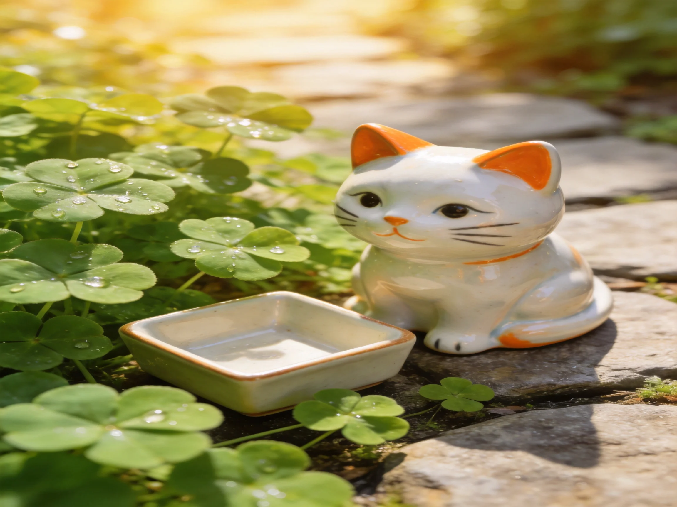 A white and orange ceramic cat figurine beside clover near a stone path