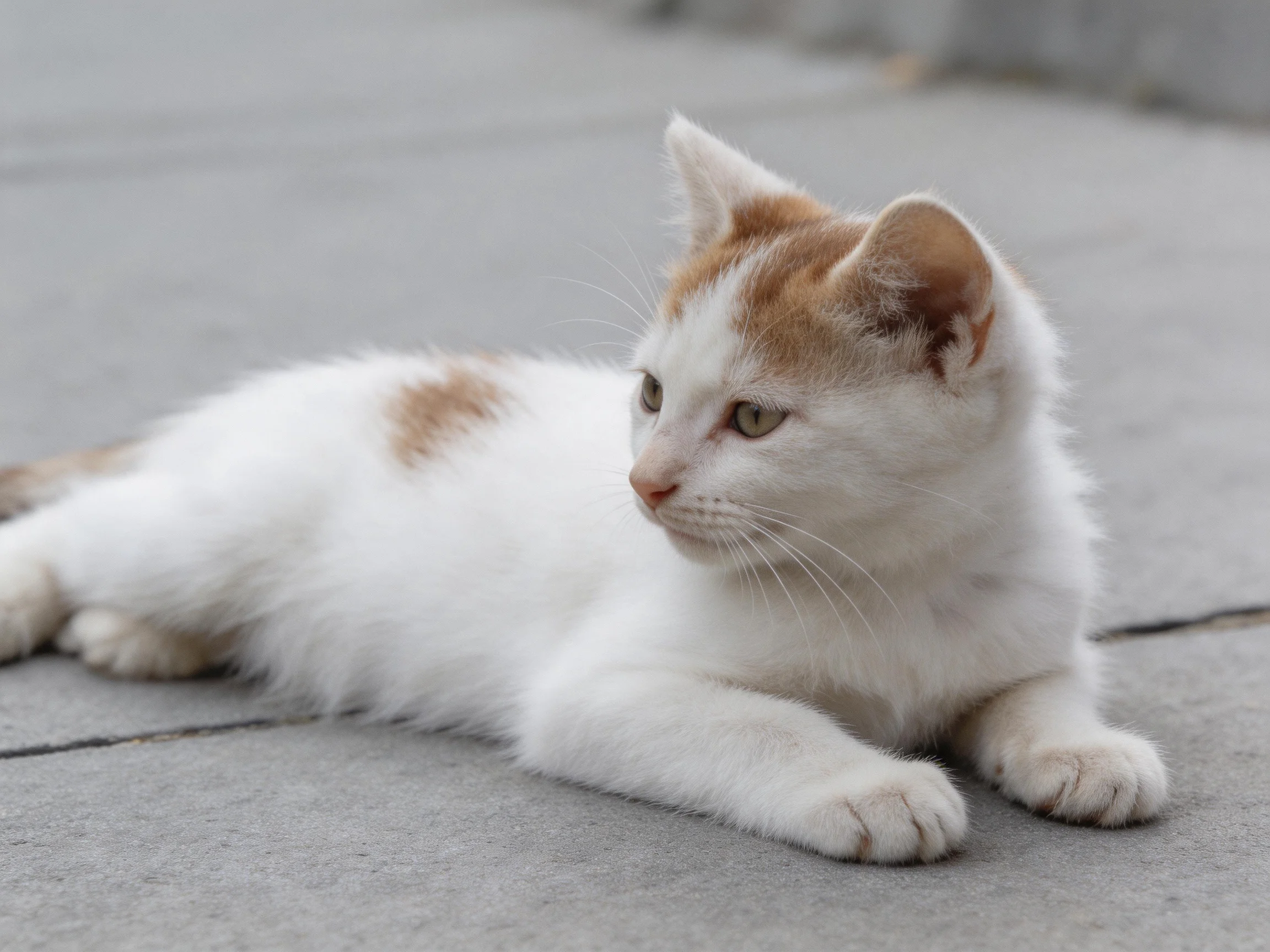 A white and orange kitten lounges on smooth gray pavement