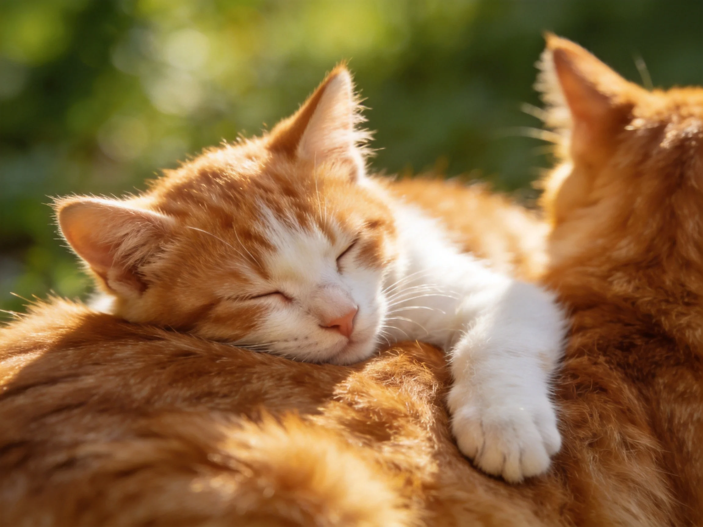 A small orange and white kitten sleeps on a ginger cat in a sunlit area.