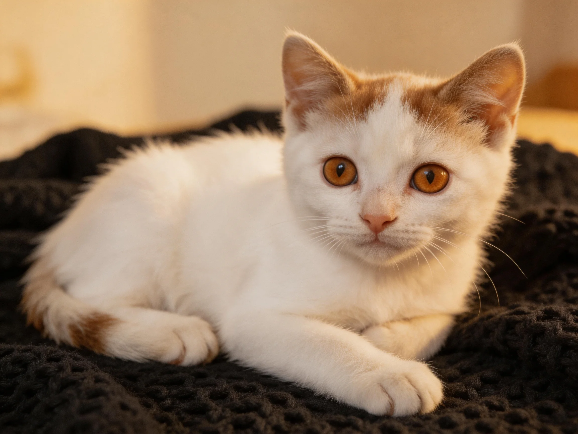A white and orange kitten lies calmly on a dark blanket.