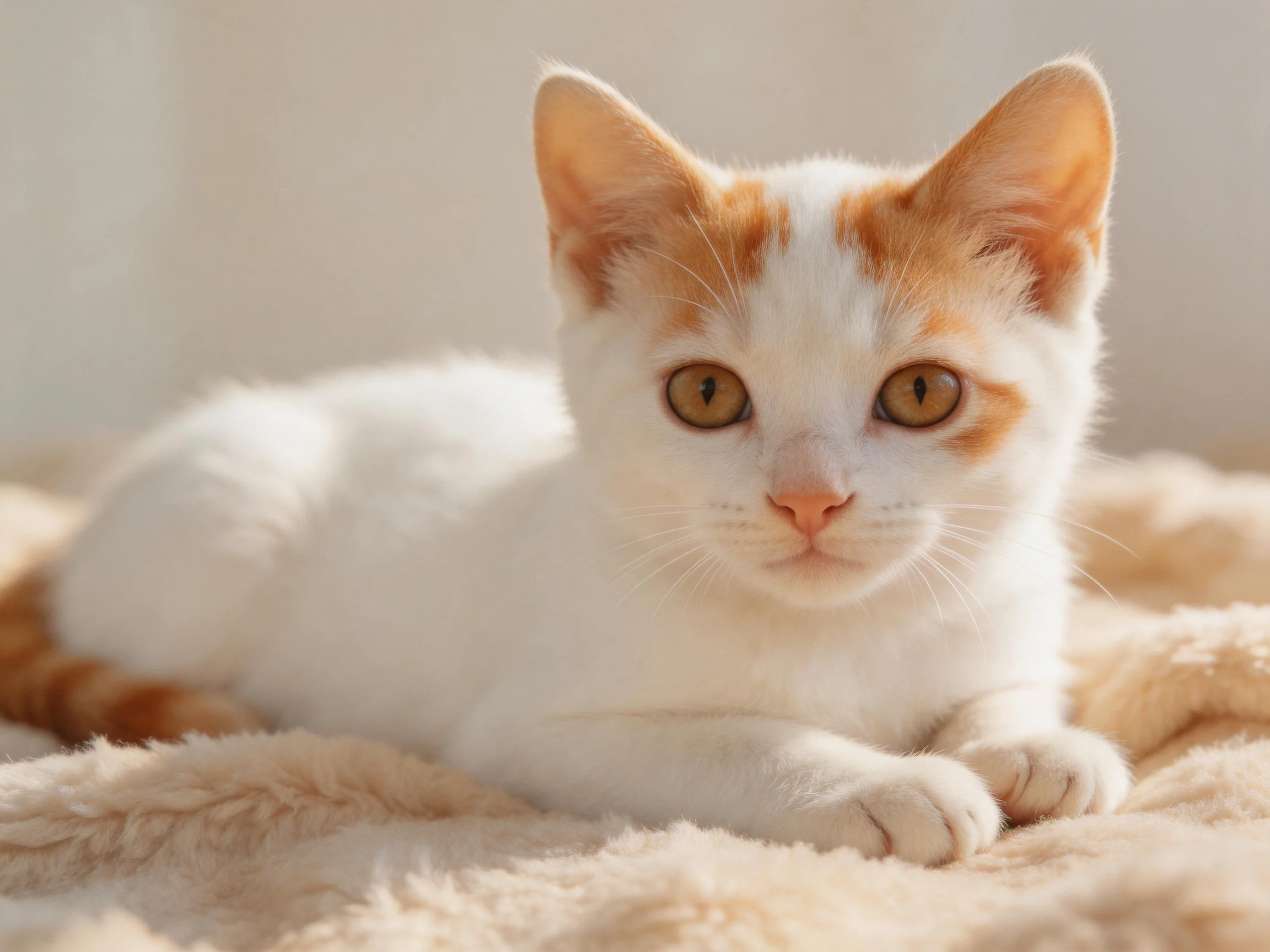 A white and orange kitten lies on a soft blanket