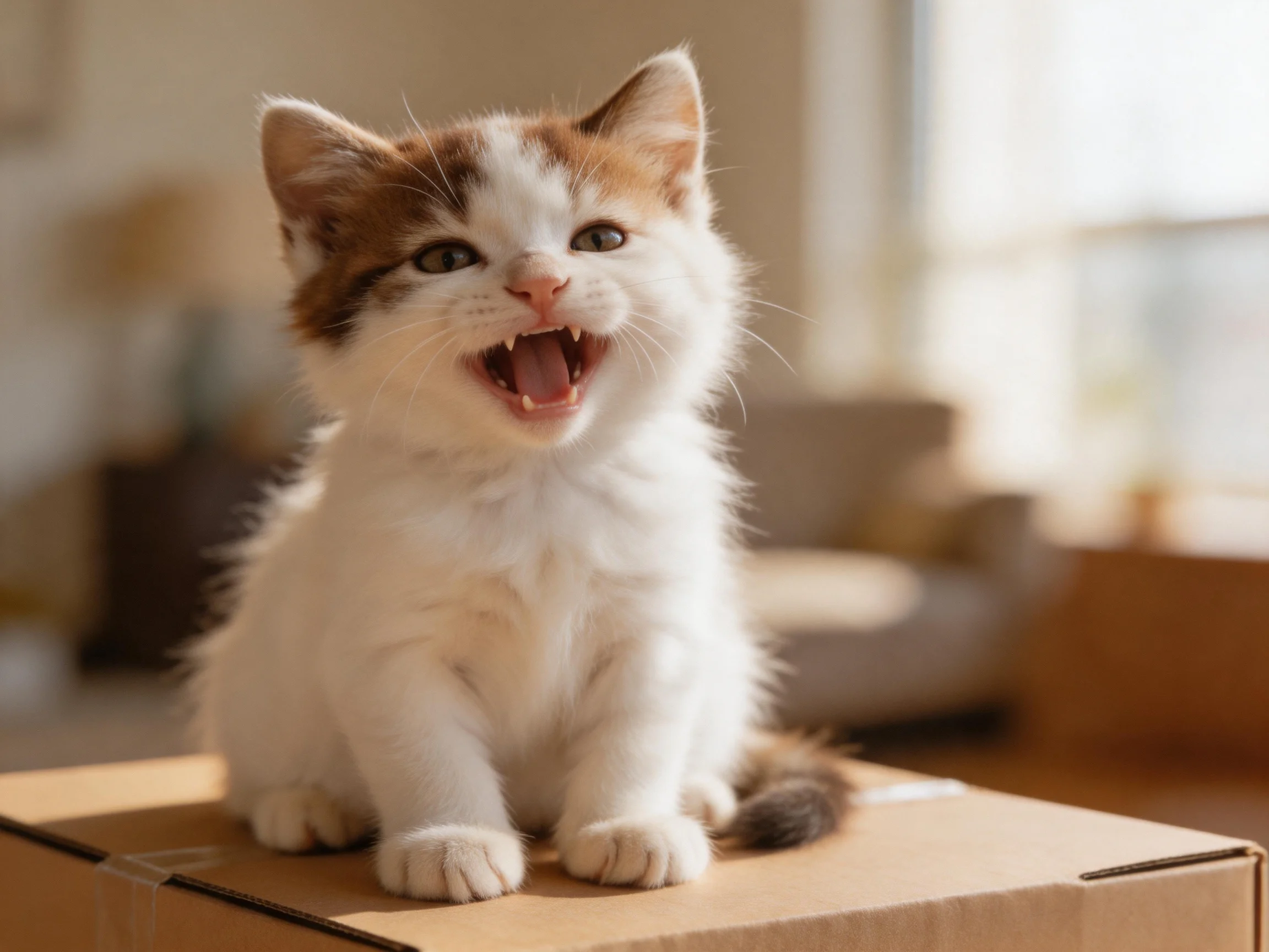 A small white and orange kitten sits on a box in a sunlit room.