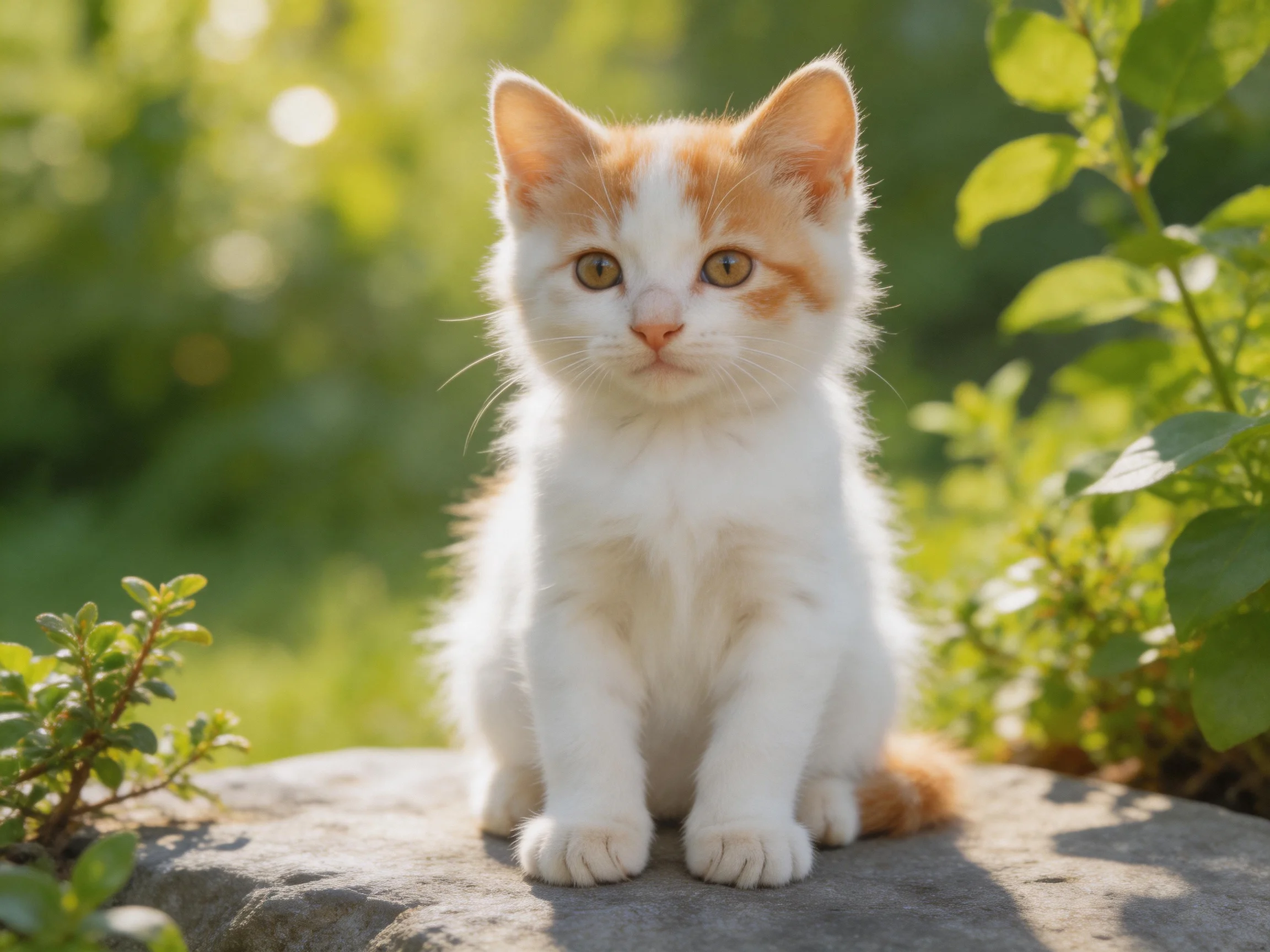 A small white and orange kitten sits on a rock in a sunlit garden.