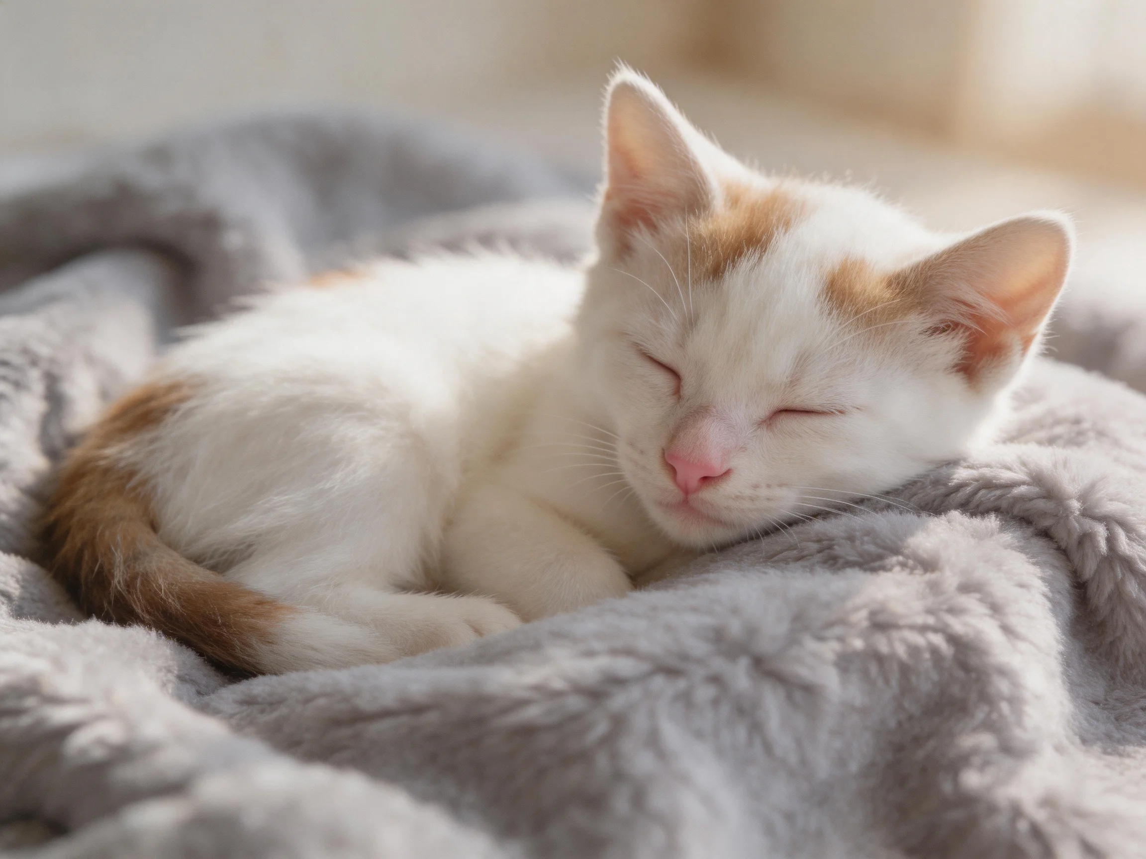 A small white and orange kitten rests on a soft gray blanket.