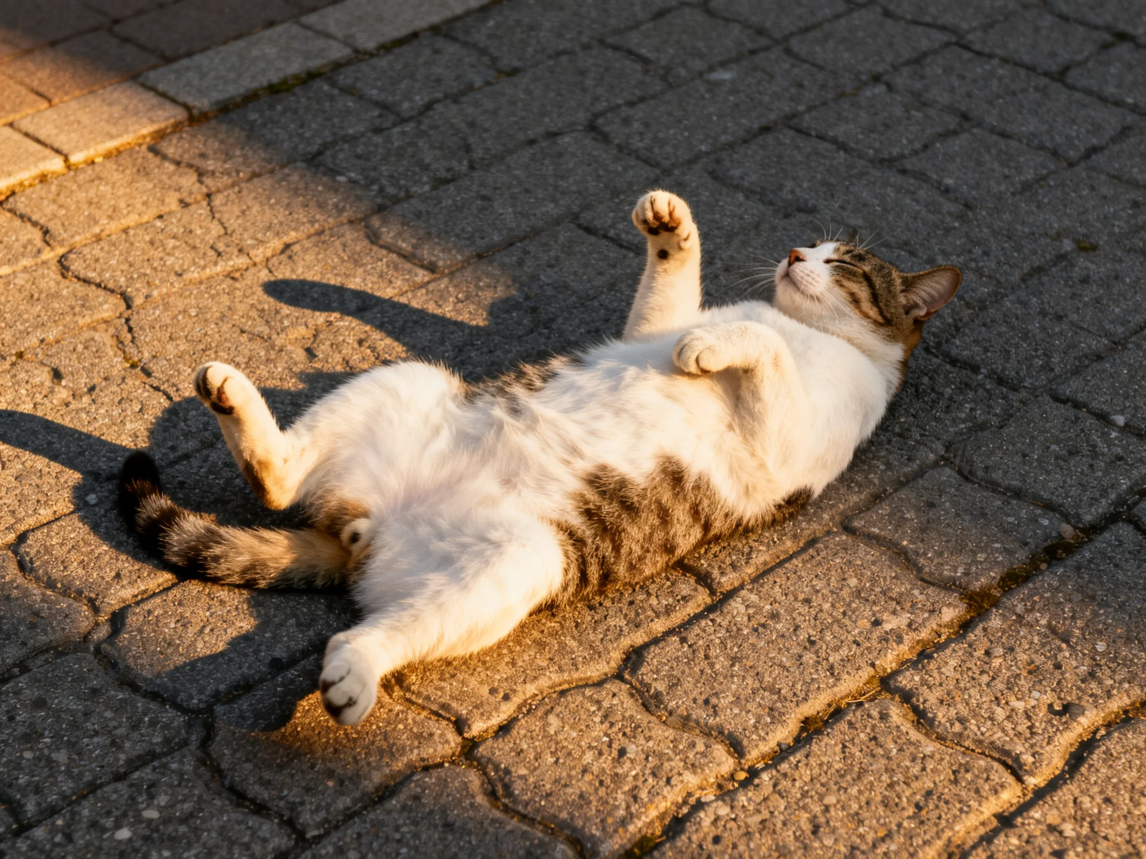 A white and tabby cat relaxes on sunlit brick pavement