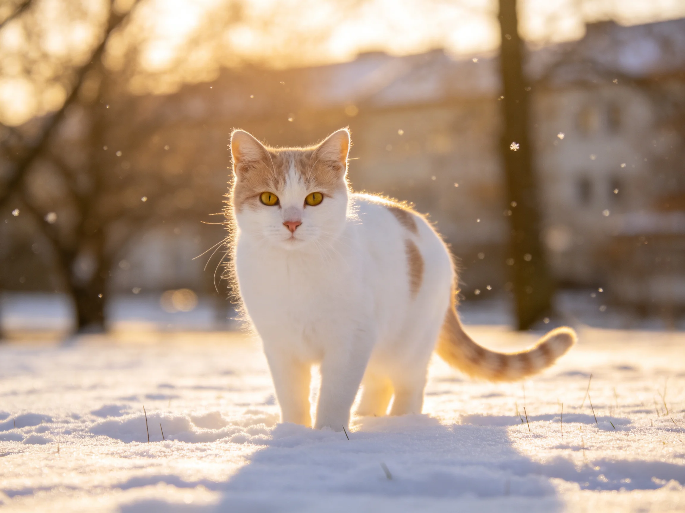 A white and tan cat stands in a snowy landscape bathed in golden sunlight
