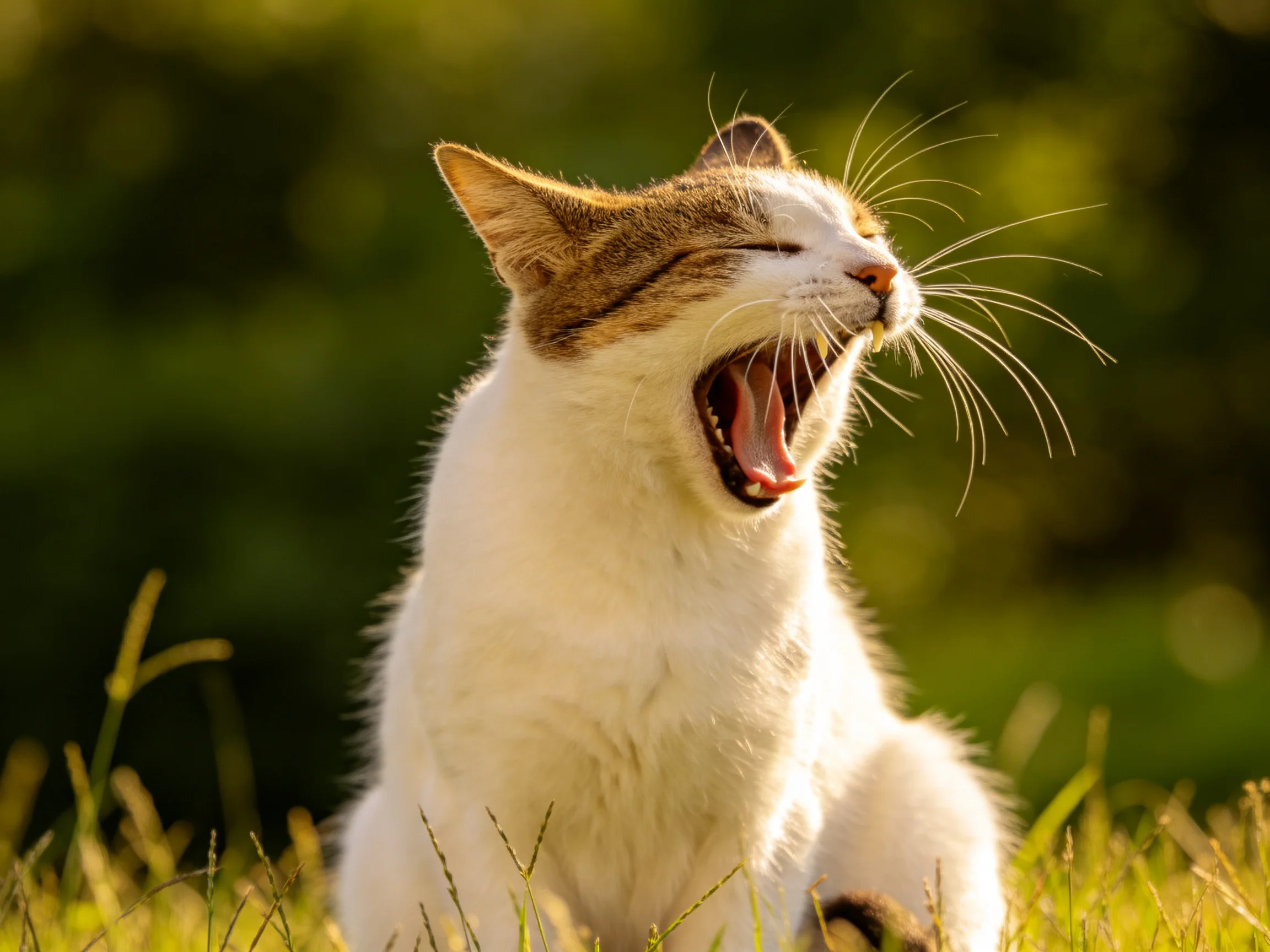 A white and tan cat yawns contentedly in sunlit grass