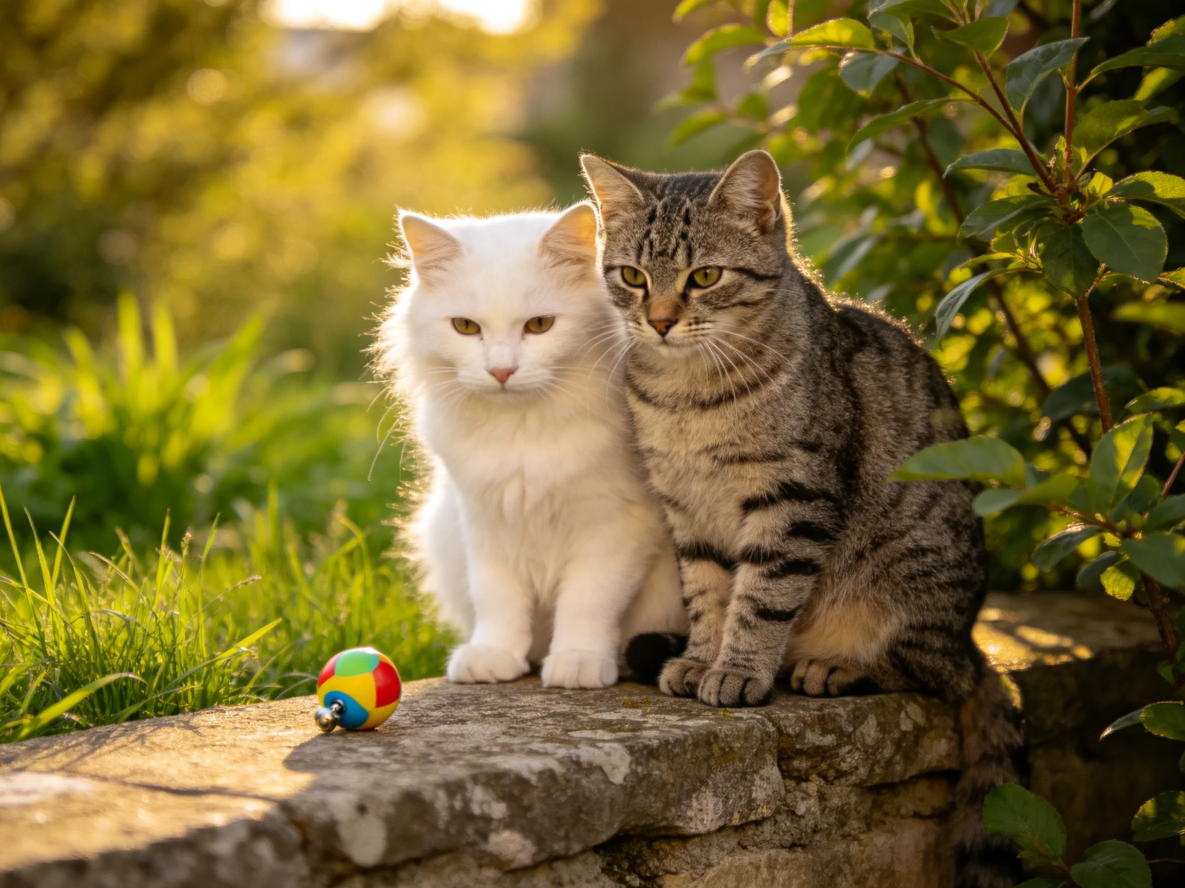 Two cats rest near a colorful ball on a stone ledge in a outdoor area.