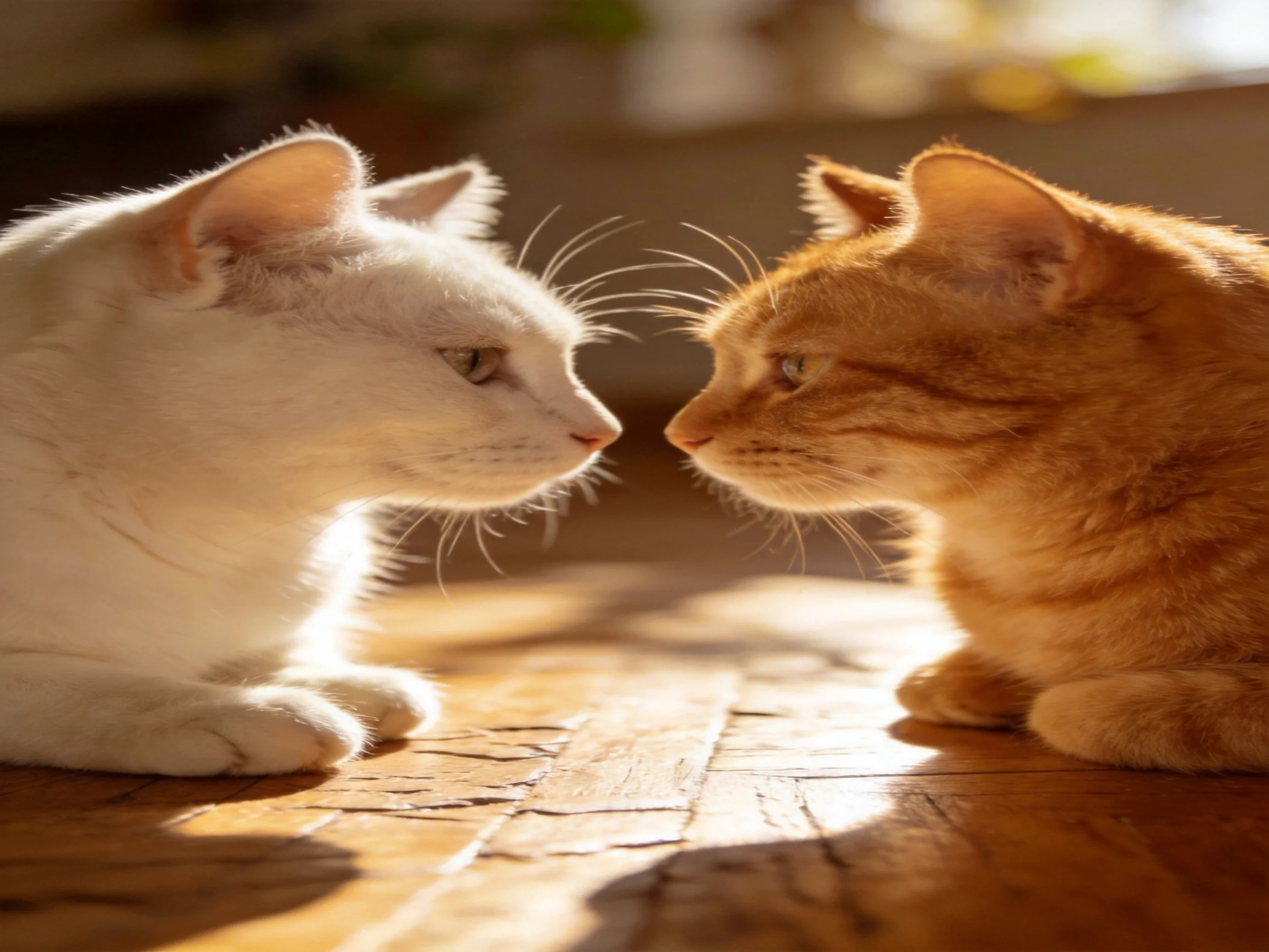A white cat and an orange cat face each other on a sunlit wooden floor