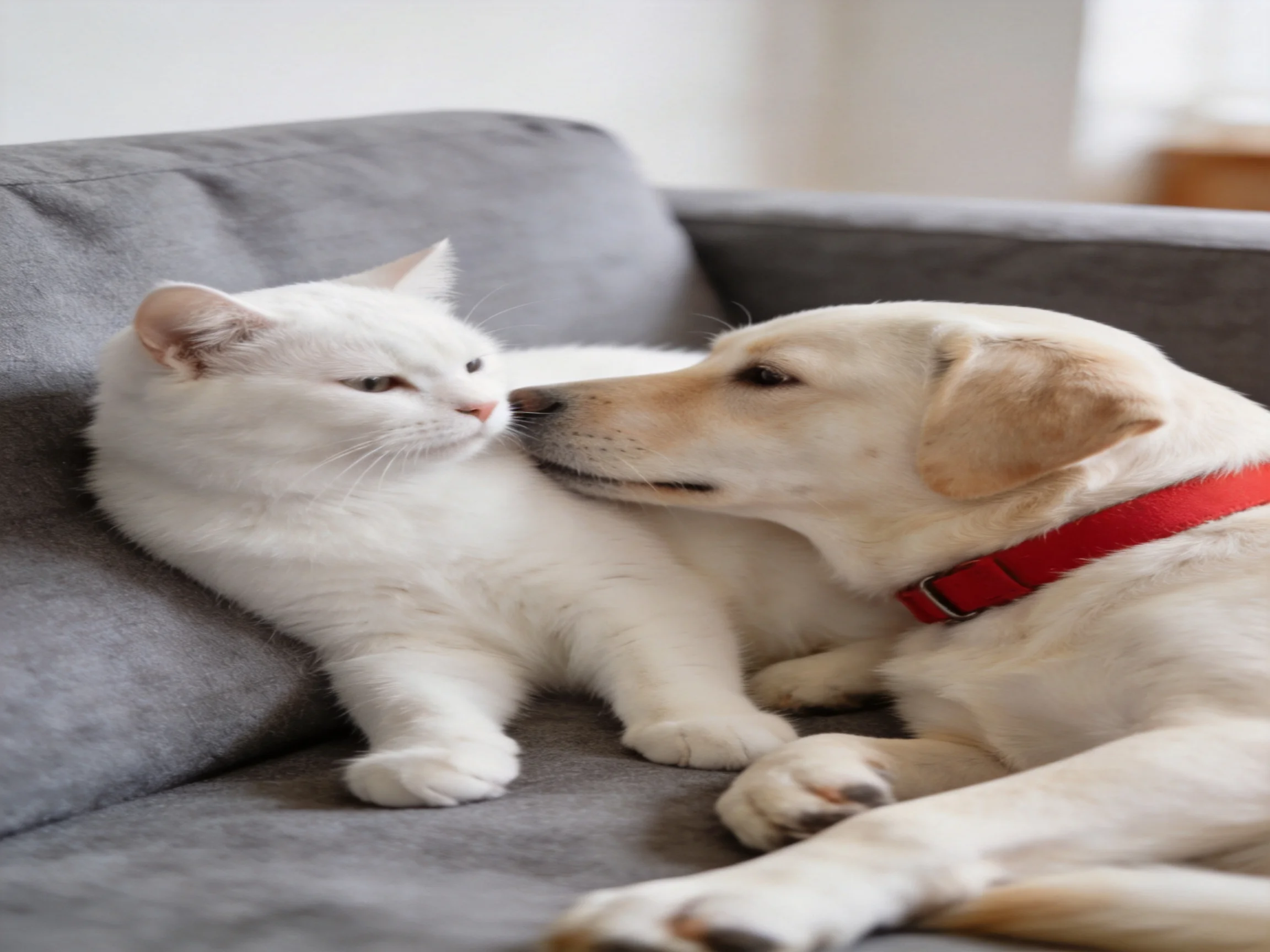 A white cat and golden dog show affection on a gray couch