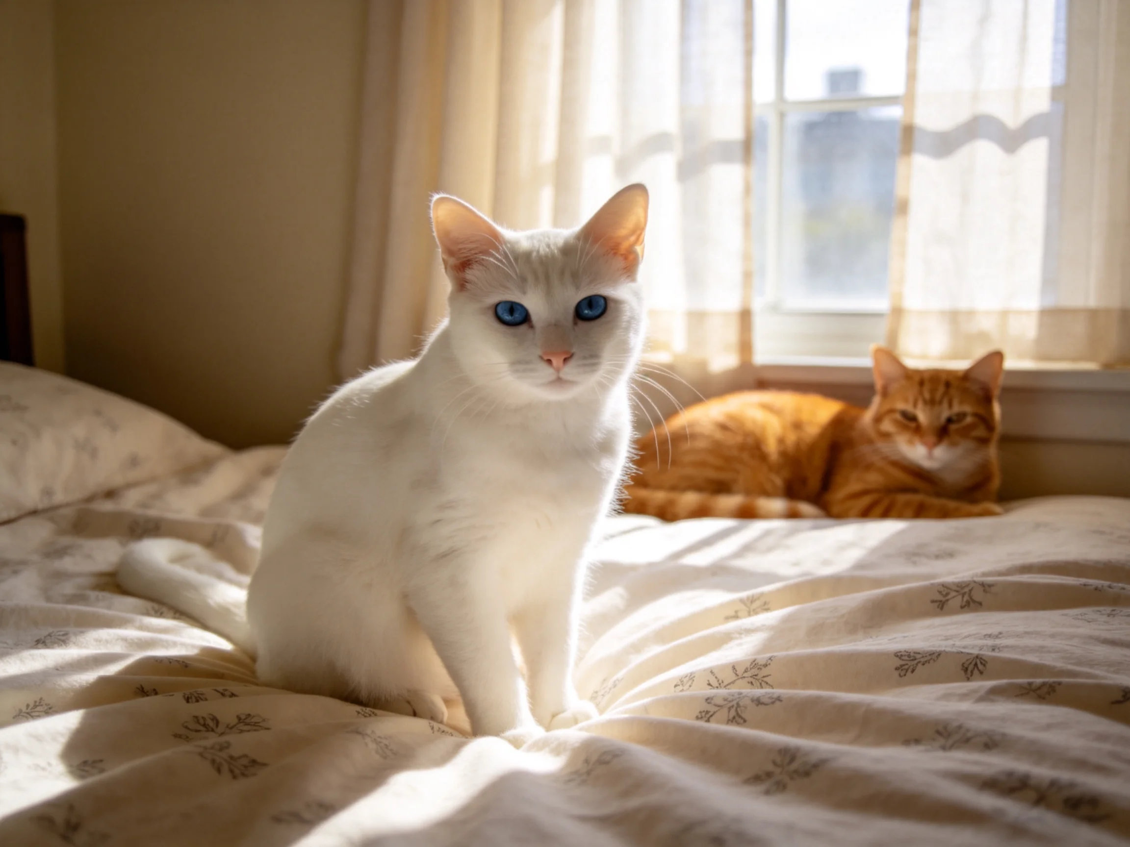 Two cats—one white, one orange tabby—rest on a sunlit bed.