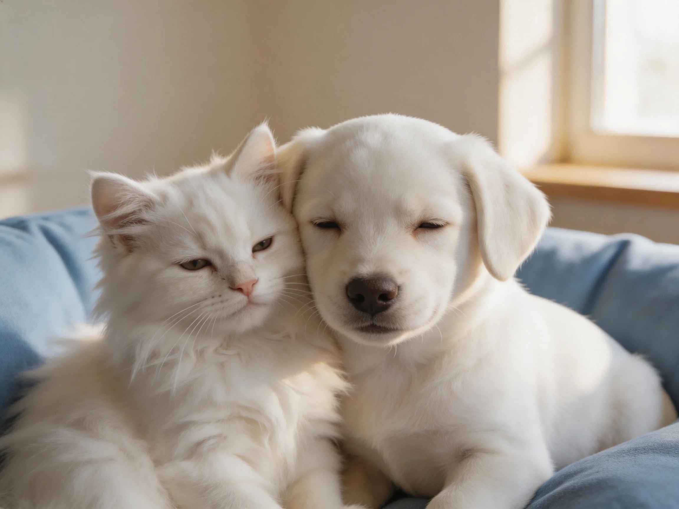 A white cat and puppy cuddle in a blue bed by a window