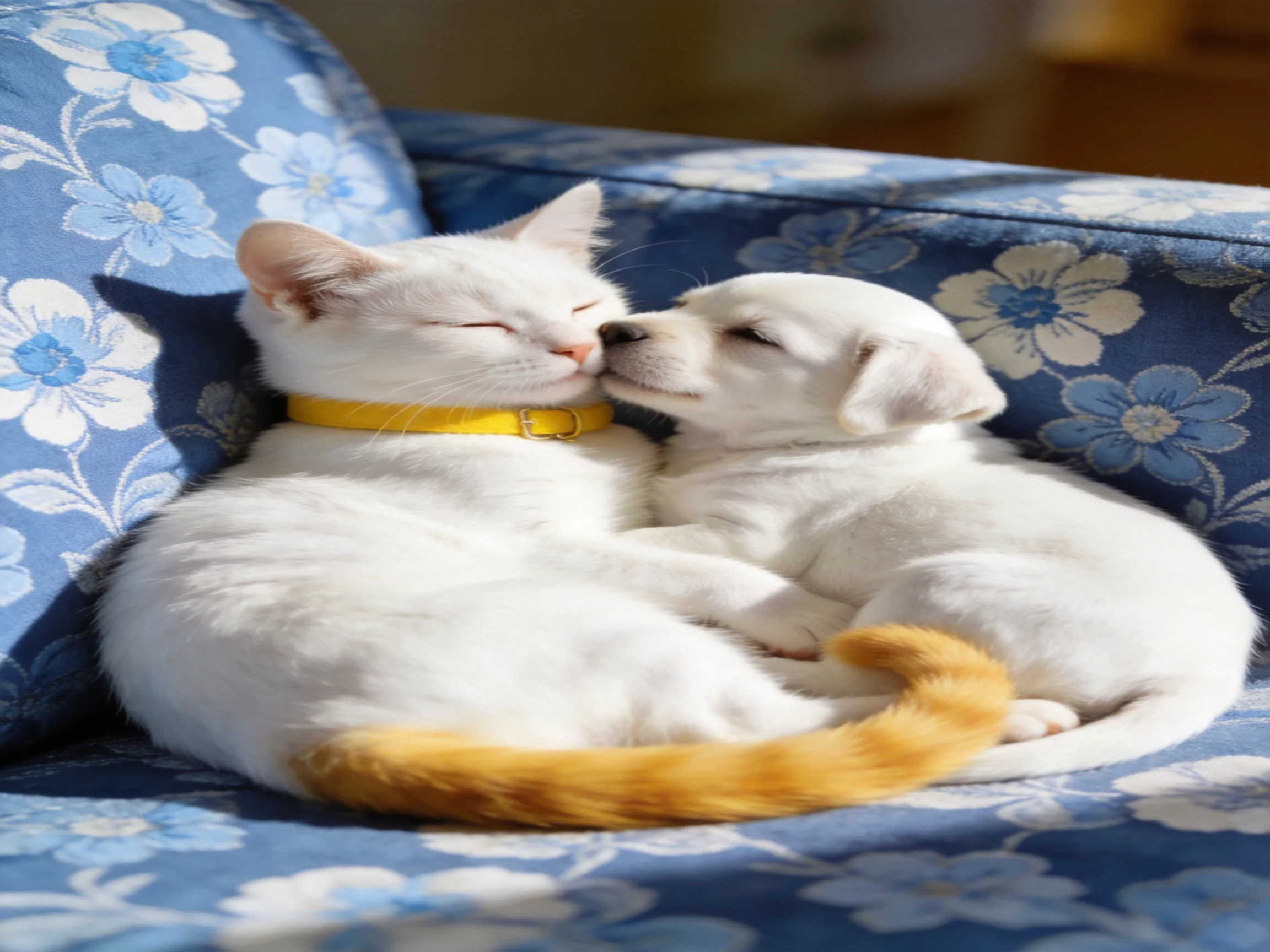 A white cat and puppy snuggle on a blue floral couch