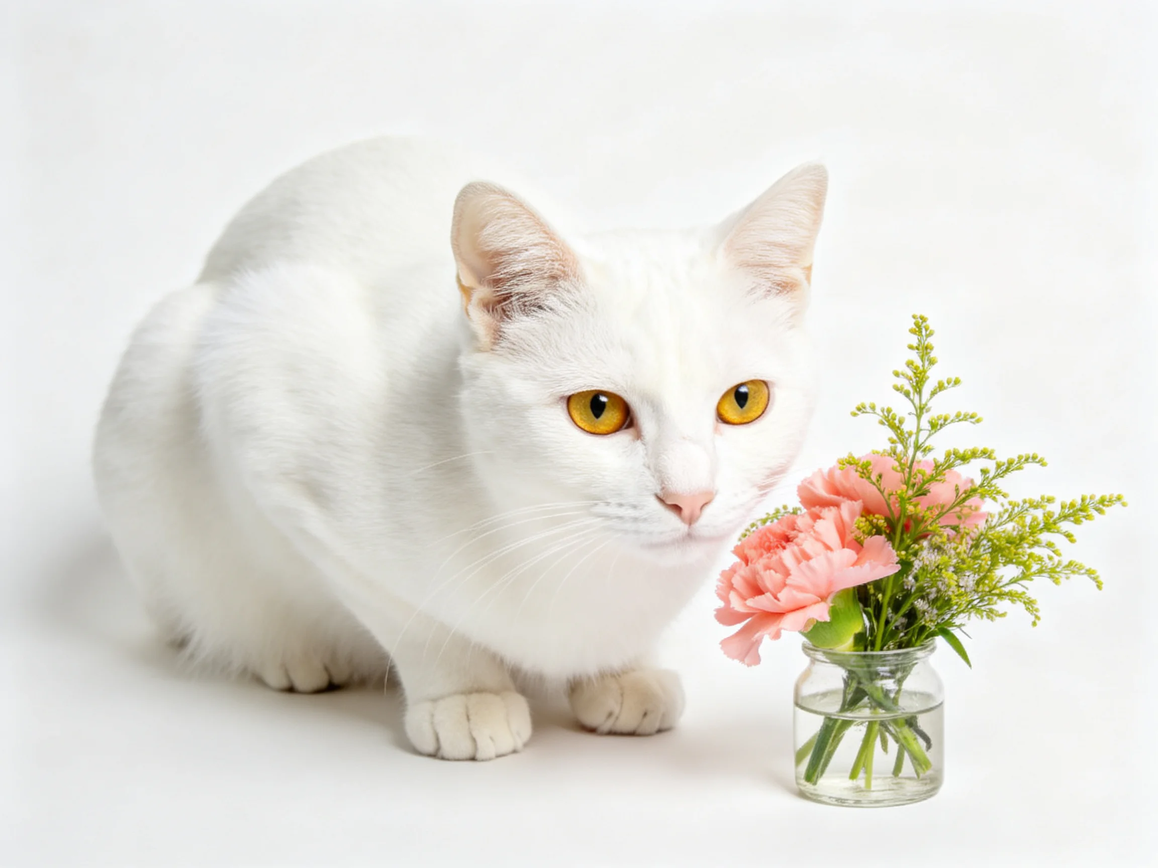 A white cat curiously approaches a small vase with pink and green blooms