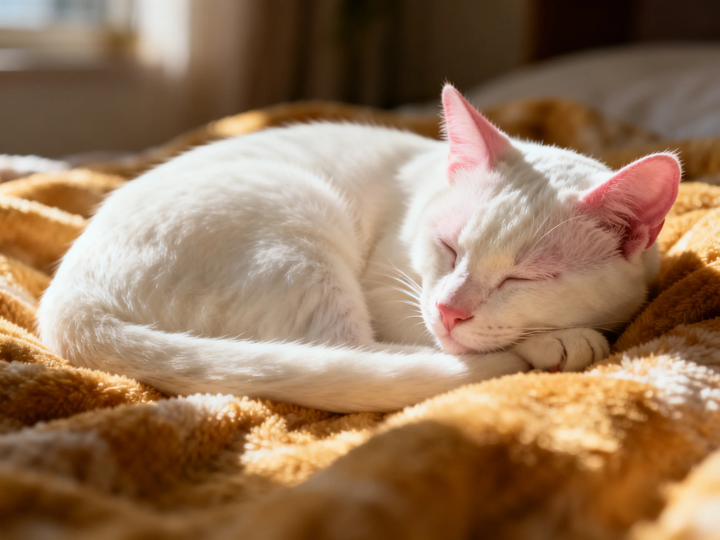 A white cat curls asleep on a plush brown blanket in sunlight