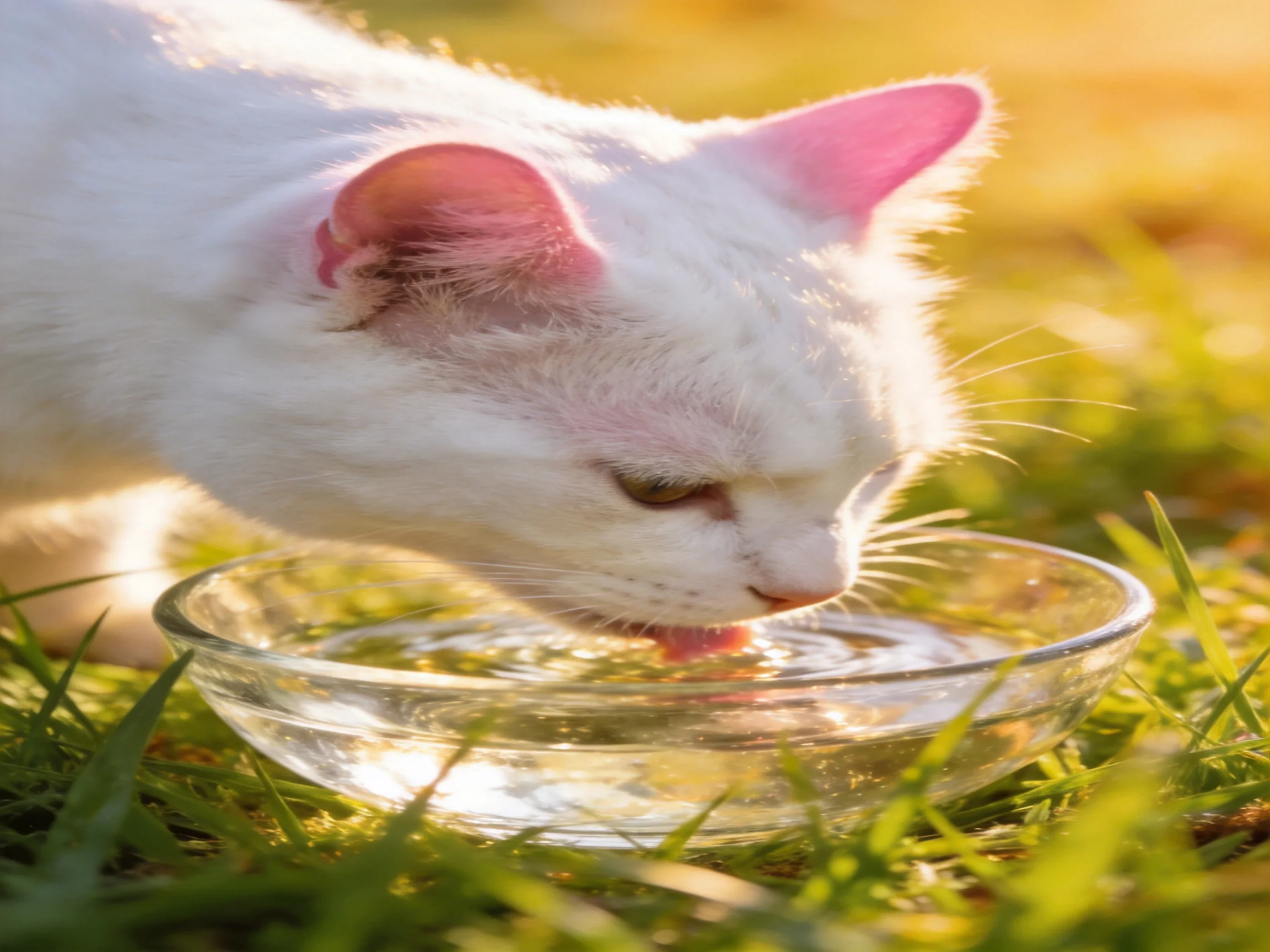 A white cat drinks from a clear glass bowl on green grass in sunlight