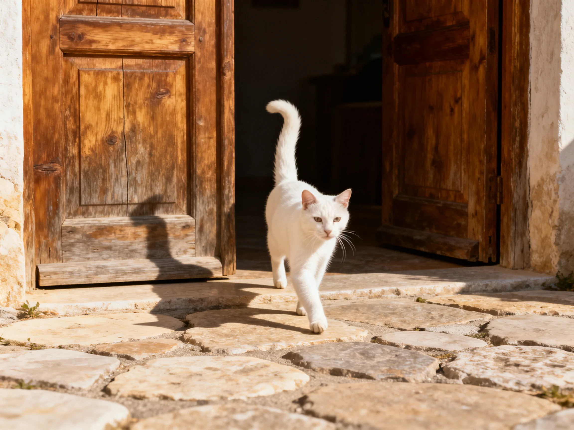 A white cat exits an old wooden doorway onto a stone path