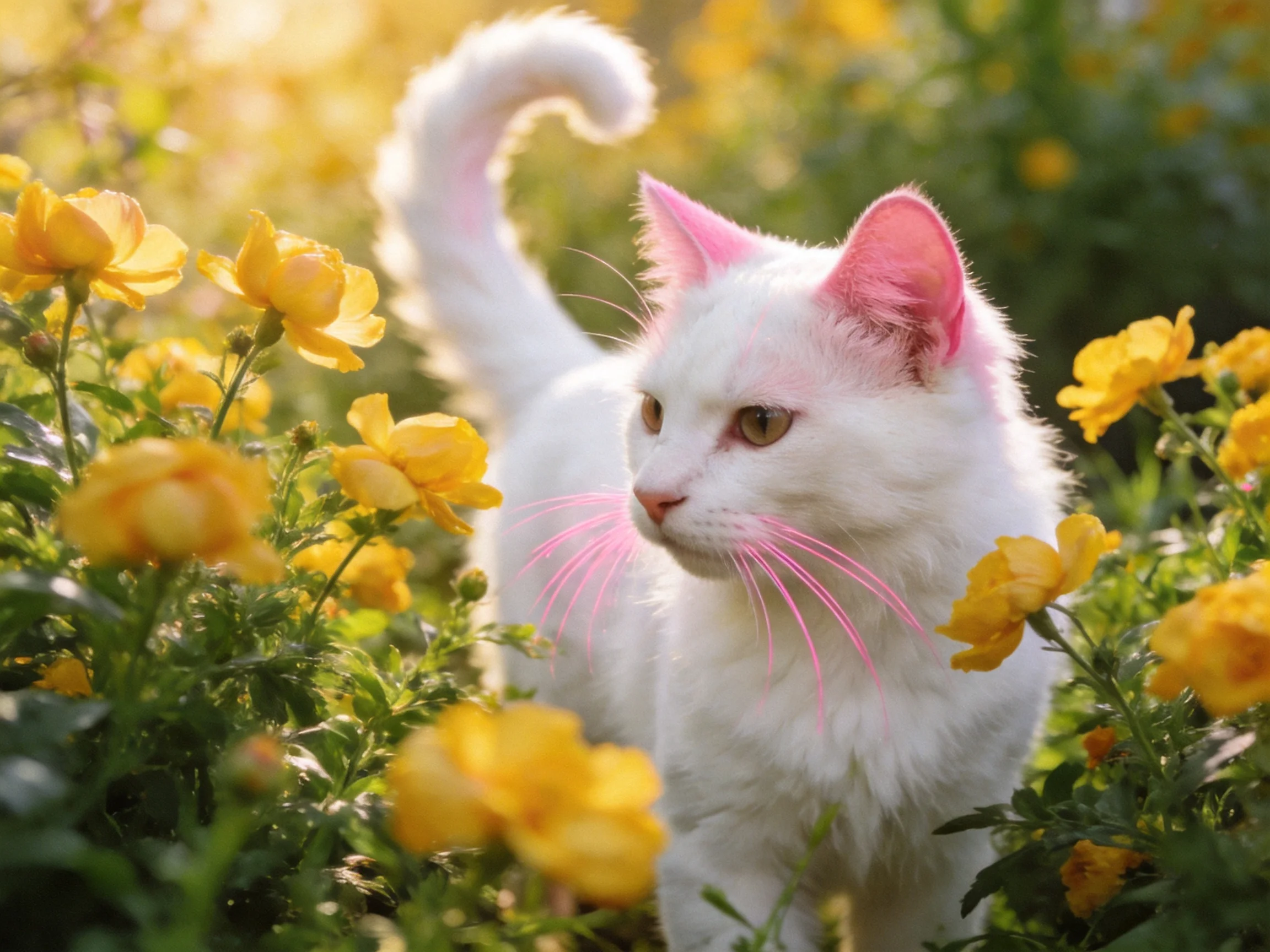 A white cat explores a field of vibrant yellow flowers in sunlight