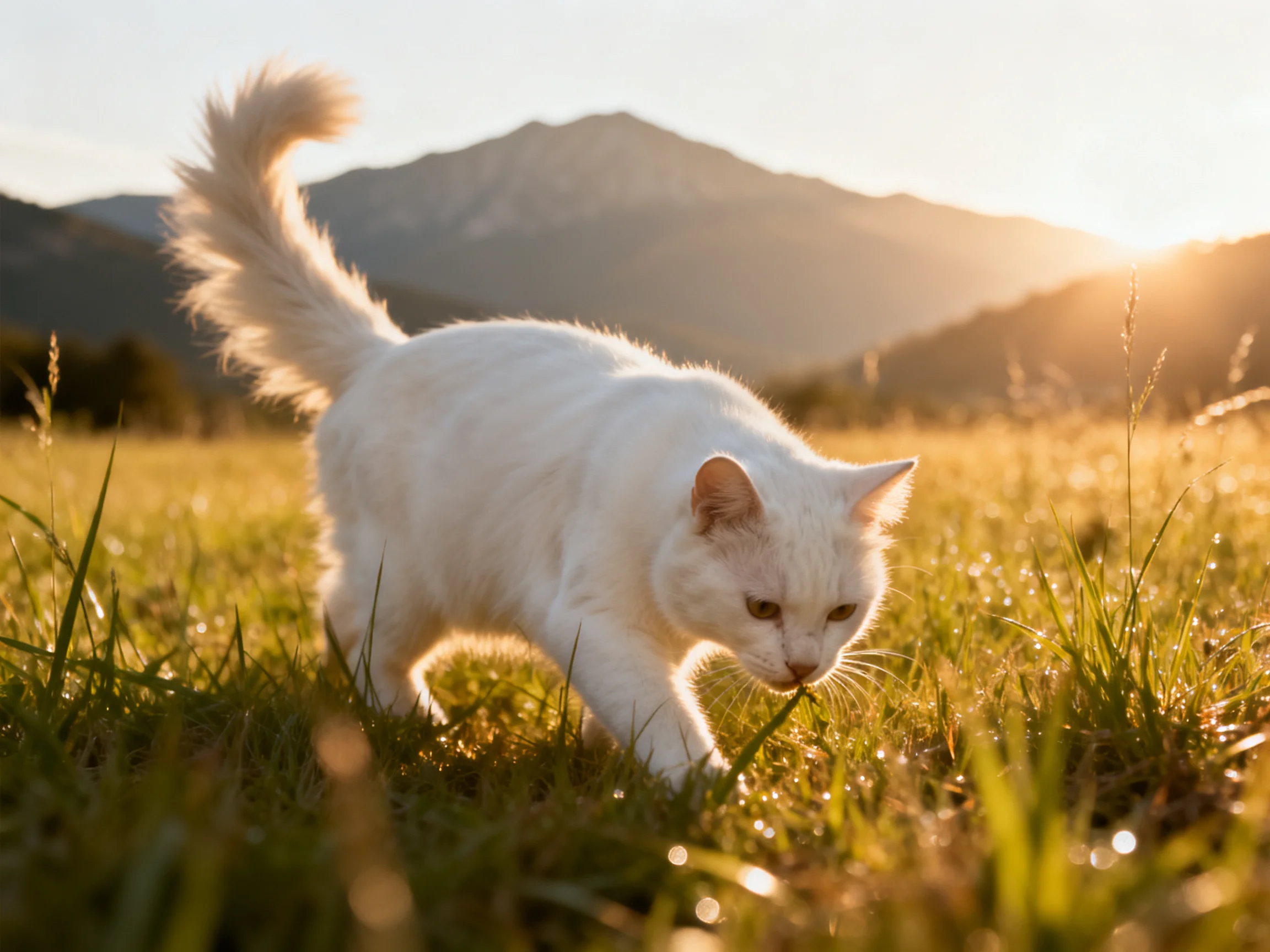 A white cat explores a sunlit meadow near towering mountains