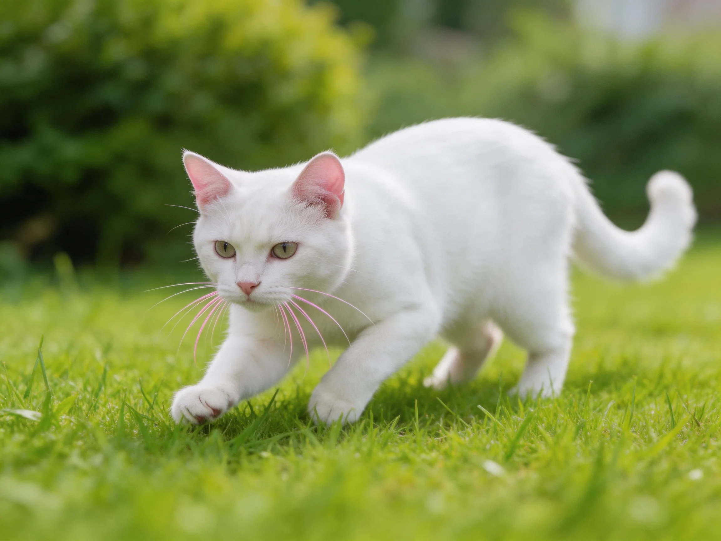 A white cat moves cautiously on lush green grass in a sunlit garden.